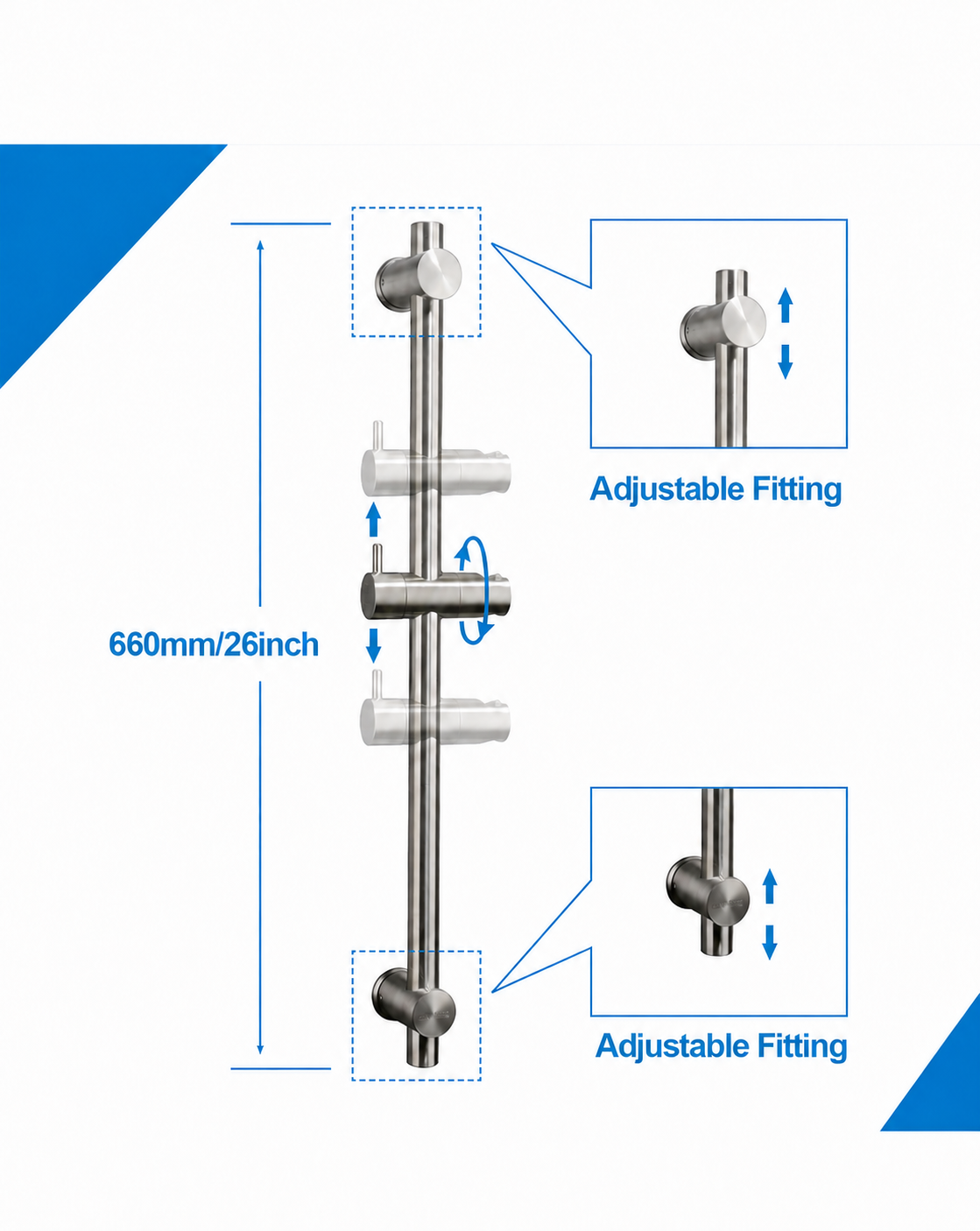 A technical product diagram showing a long vertical metal handle or fixture with inset callouts labeled 'Adjustable Fitting' and dimension text reading '660mm/26inch', on a white background with blue corner accents.