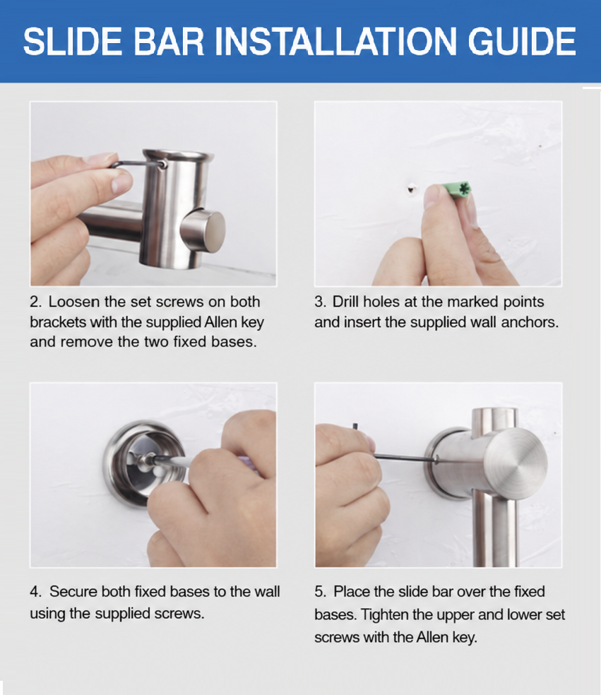 Installation guide graphic with five numbered photos showing how to mount a slide bar fixture onto a wall, including loose set screws, wall anchors, securing to the wall, and placing the bar over the bases.