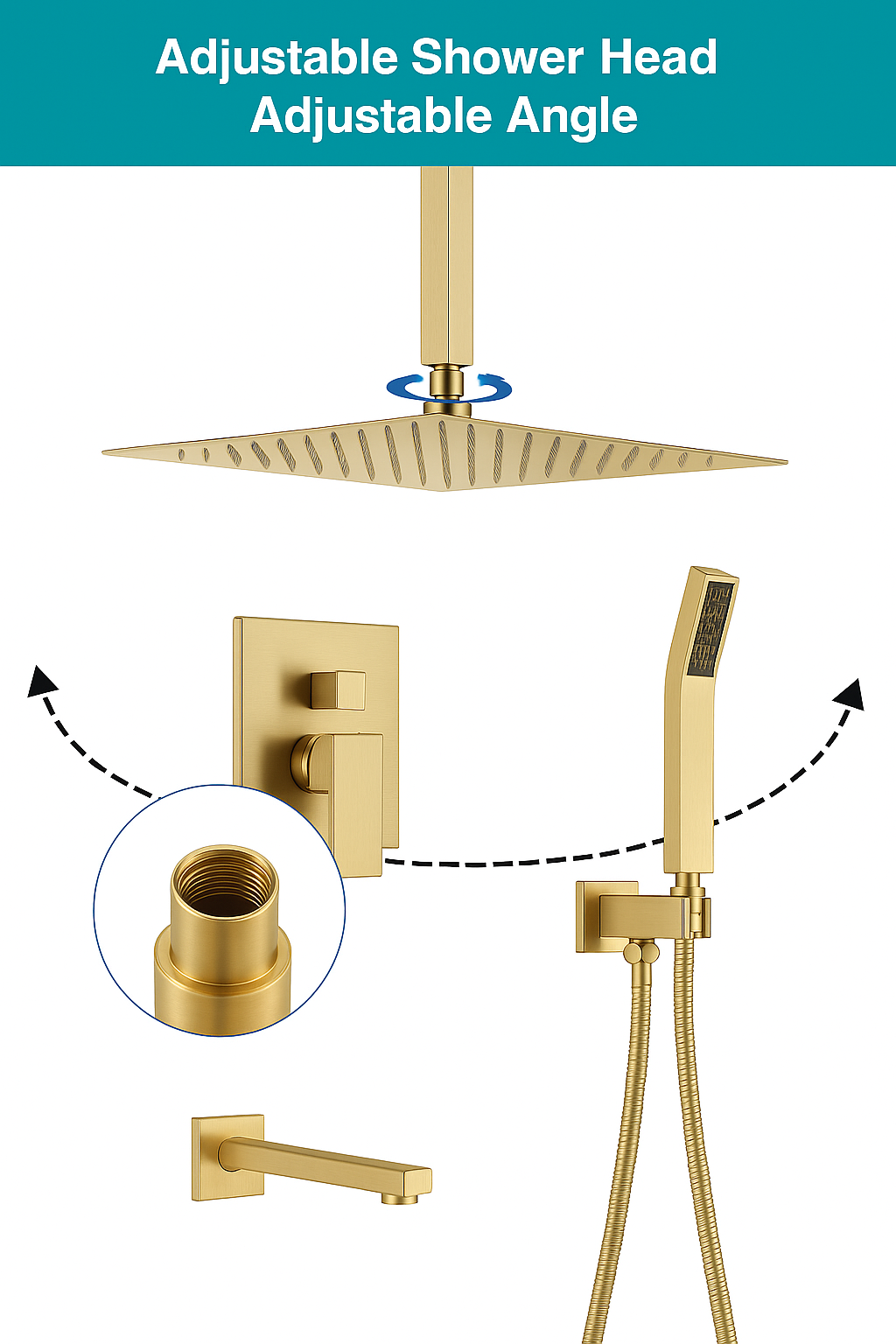 Adjustable shower head with brushed gold finish