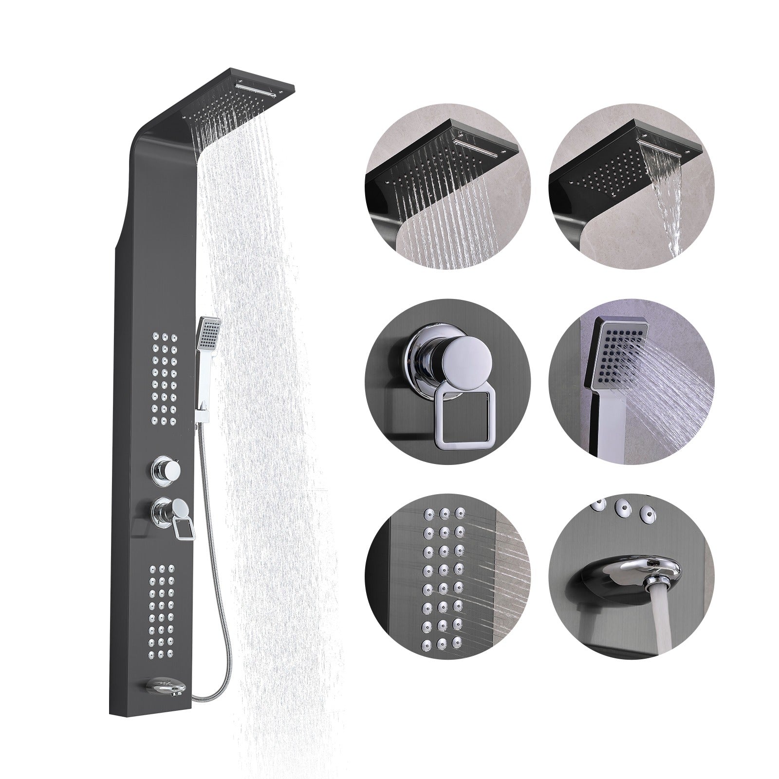 Thermostatic Waterfall Shower Panel System with Massage Jets and Handheld Shower | Black Finish