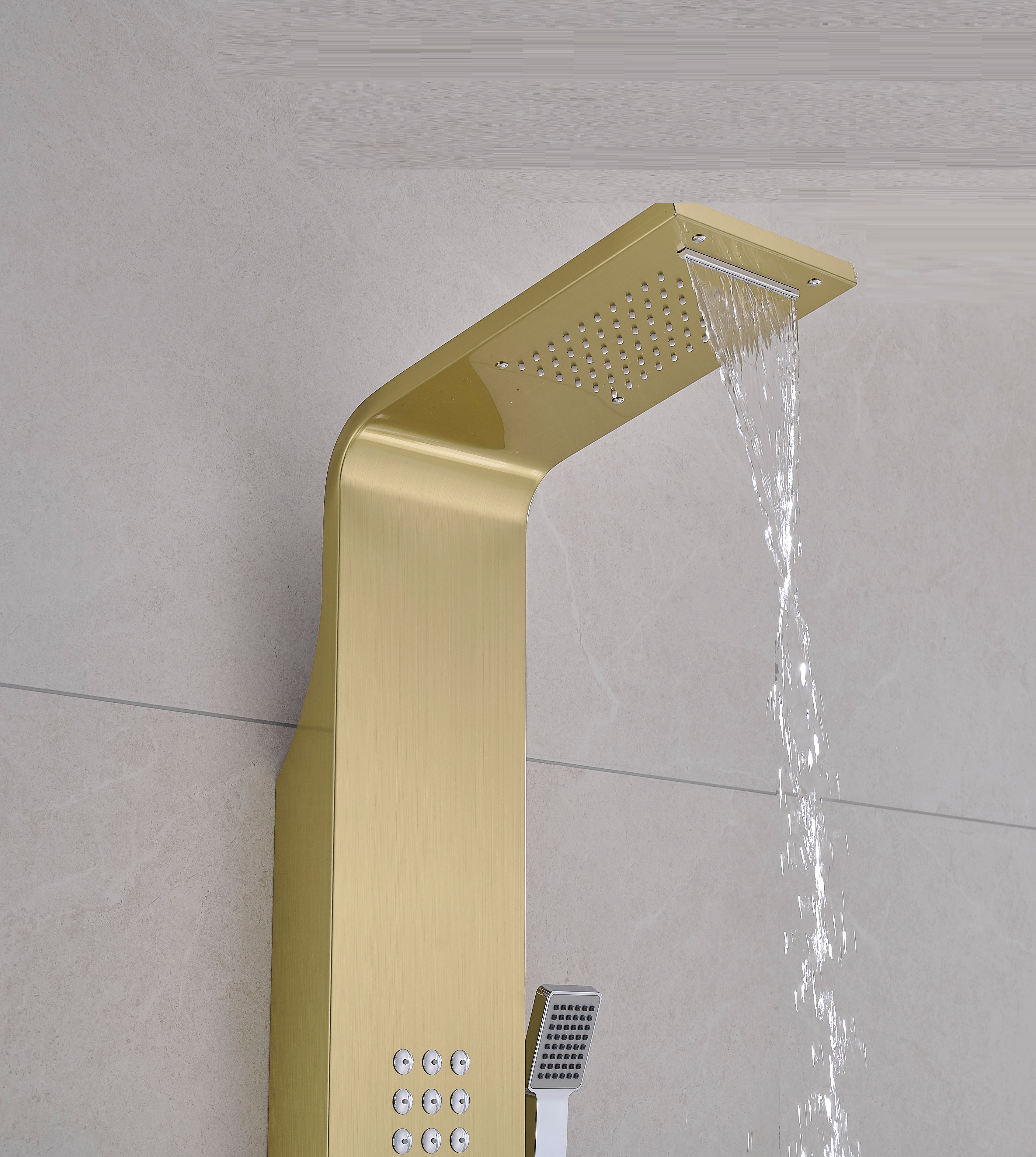 Thermostatic Waterfall Shower Panel System with Massage Jets and Handheld Shower | Brushed Gold Finish
