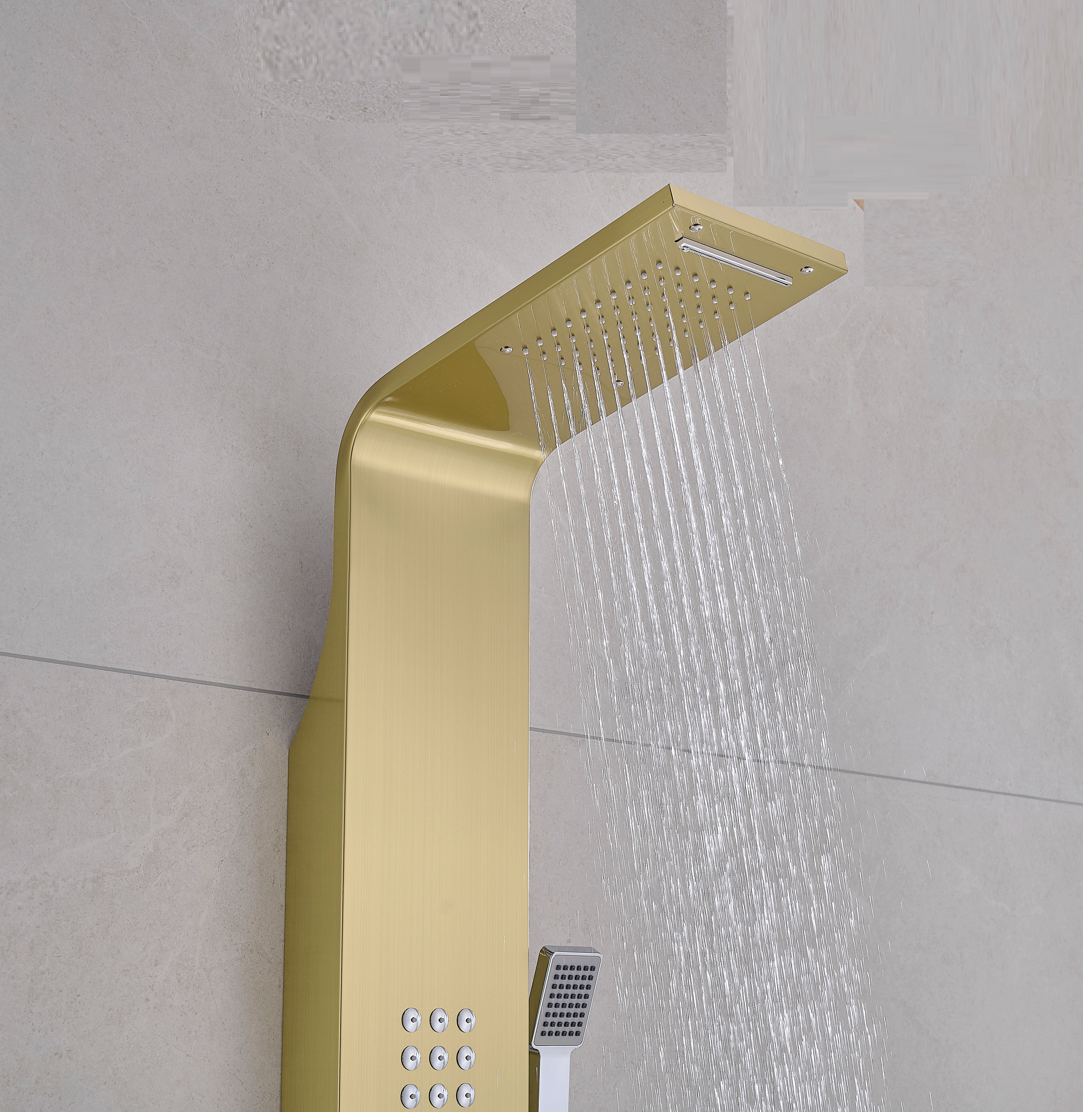 Thermostatic Waterfall Shower Panel System with Massage Jets and Handheld Shower | Brushed Gold Finish