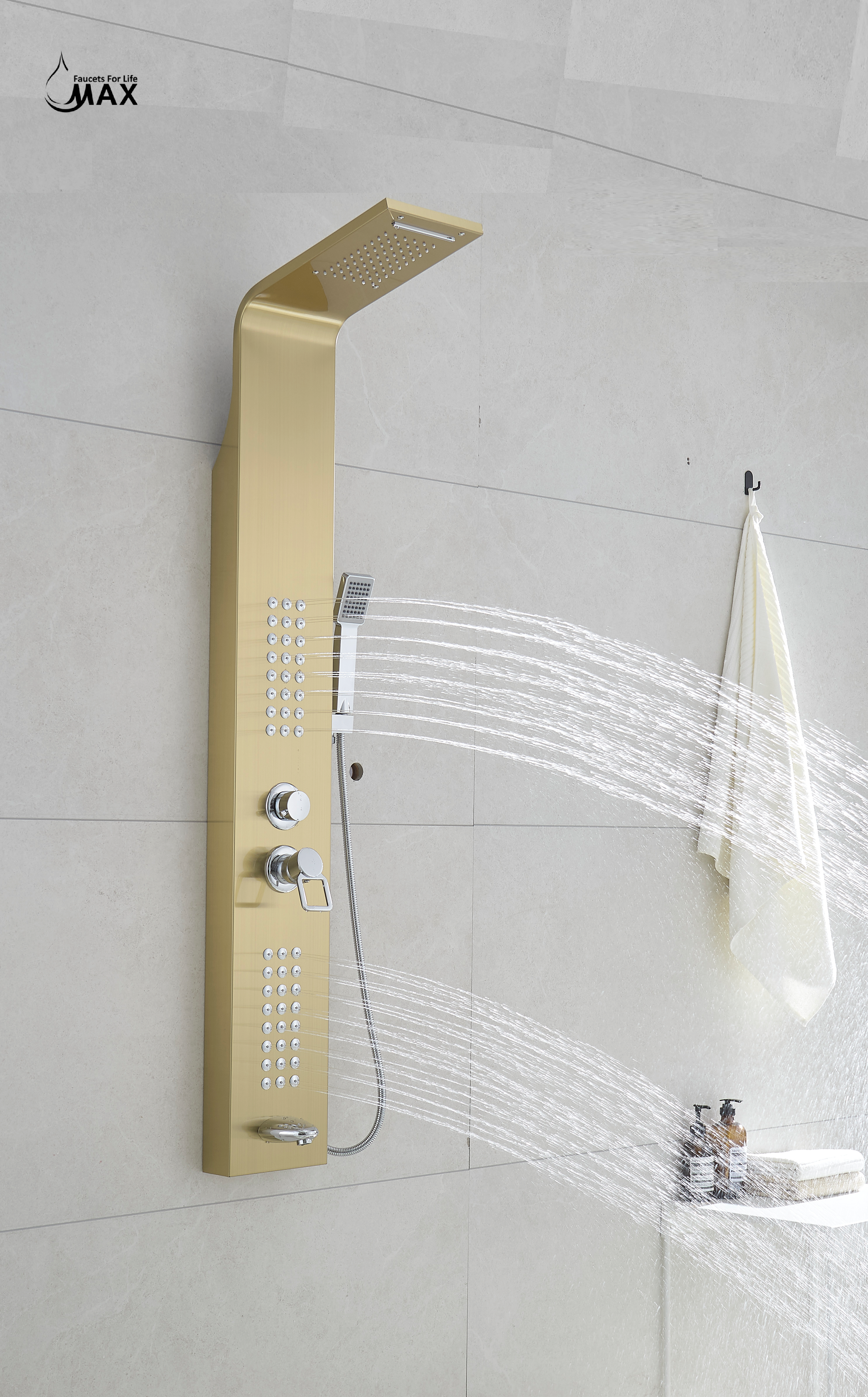 Thermostatic Waterfall Shower Panel System with Massage Jets and Handheld Shower | Brushed Gold Finish