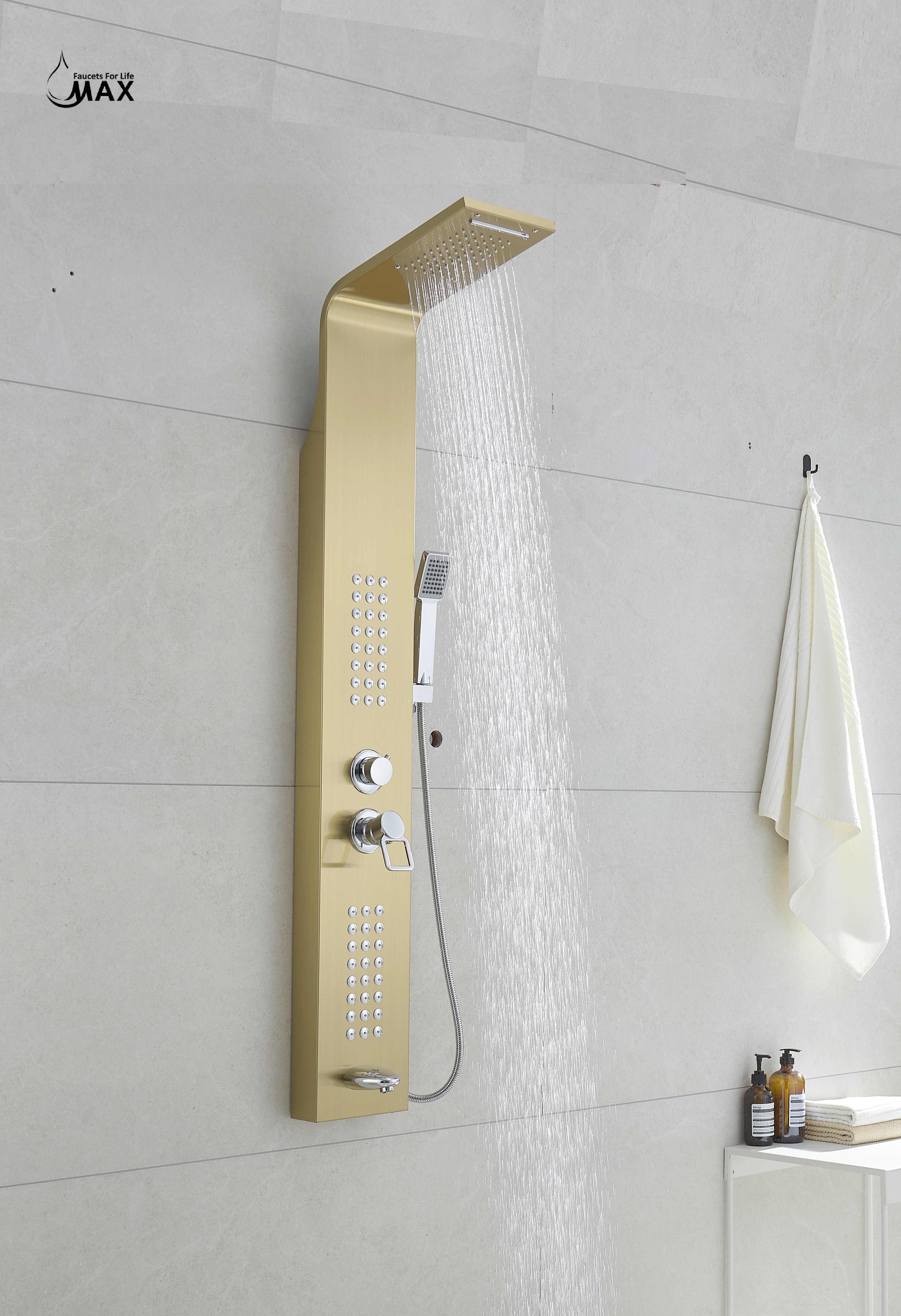 Thermostatic Waterfall Shower Panel System with Massage Jets and Handheld Shower | Brushed Gold Finish