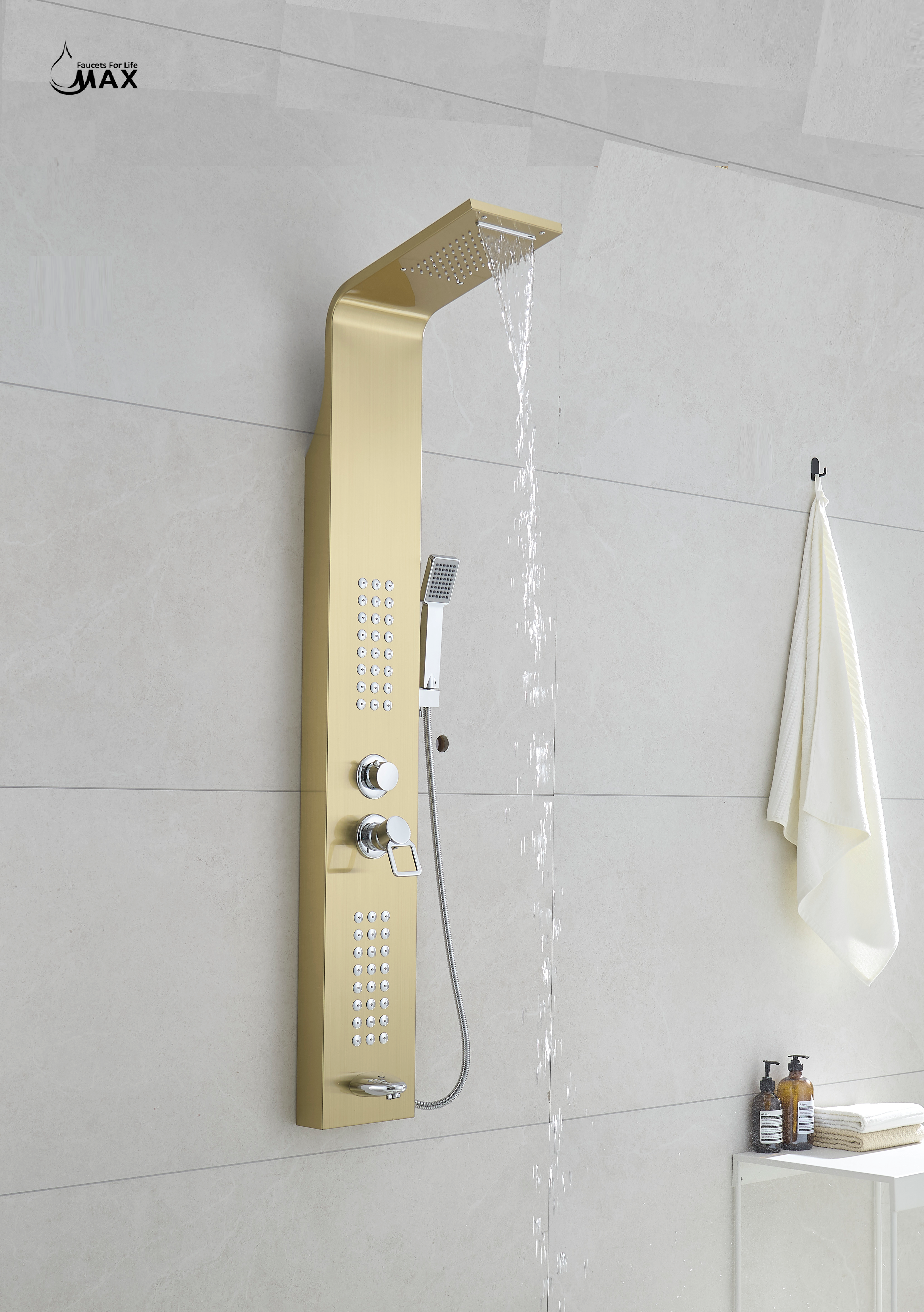 Thermostatic Waterfall Shower Panel System with Massage Jets and Handheld Shower | Brushed Gold Finish