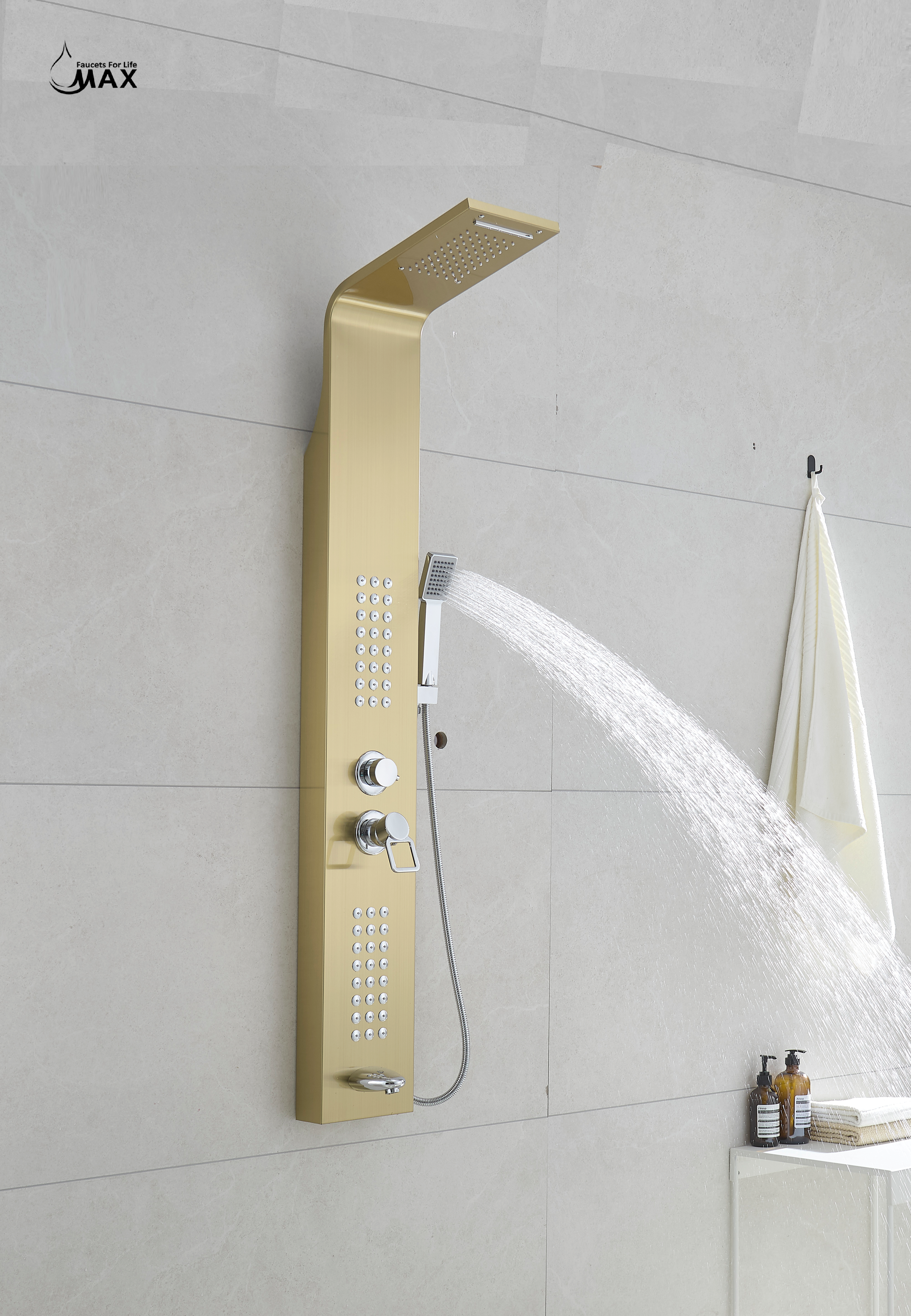 Thermostatic Waterfall Shower Panel System with Massage Jets and Handheld Shower | Brushed Gold Finish
