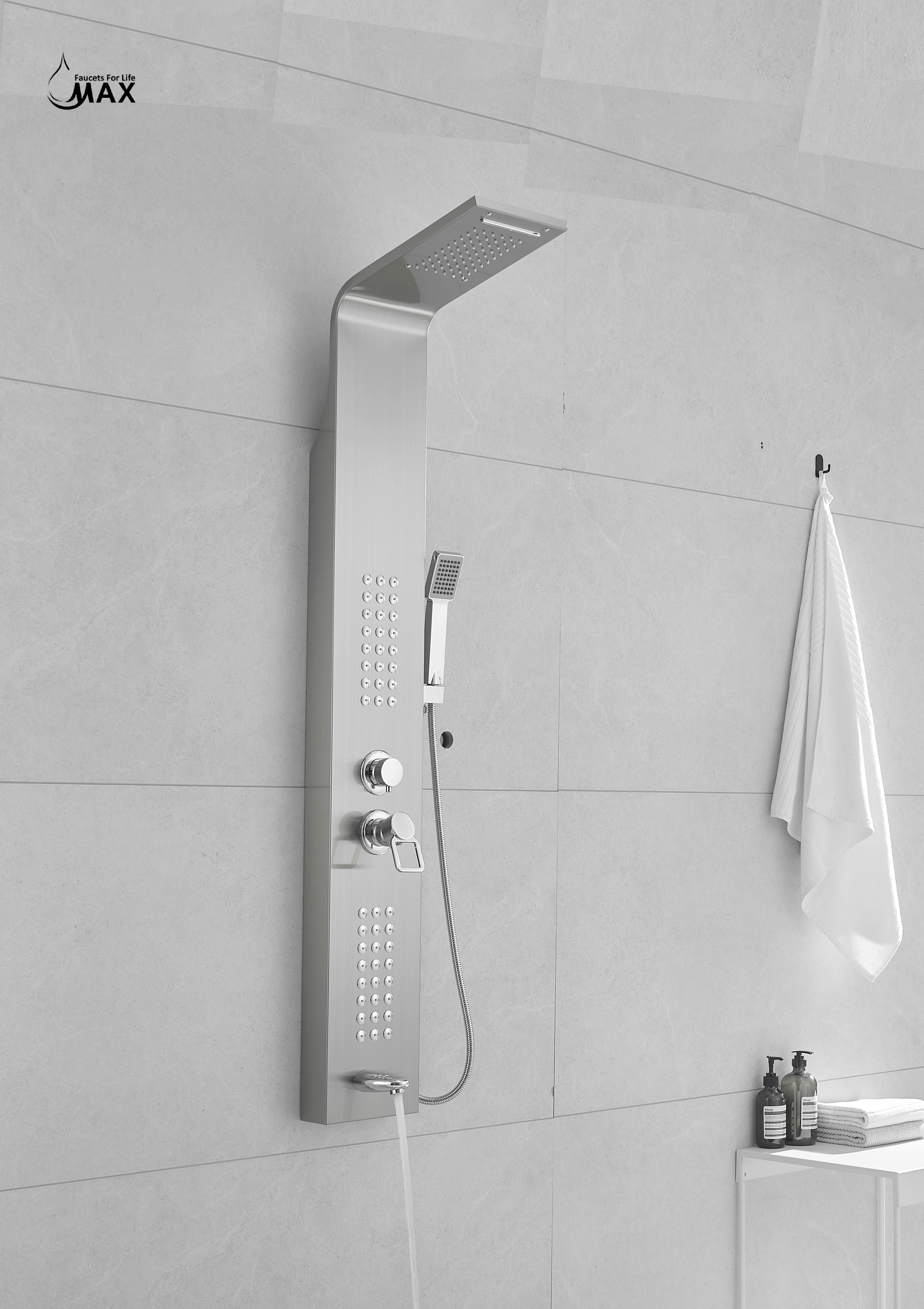 Thermostatic Waterfall Shower Panel System with Massage Jets and Handheld Shower | Brushed Nickel Finish