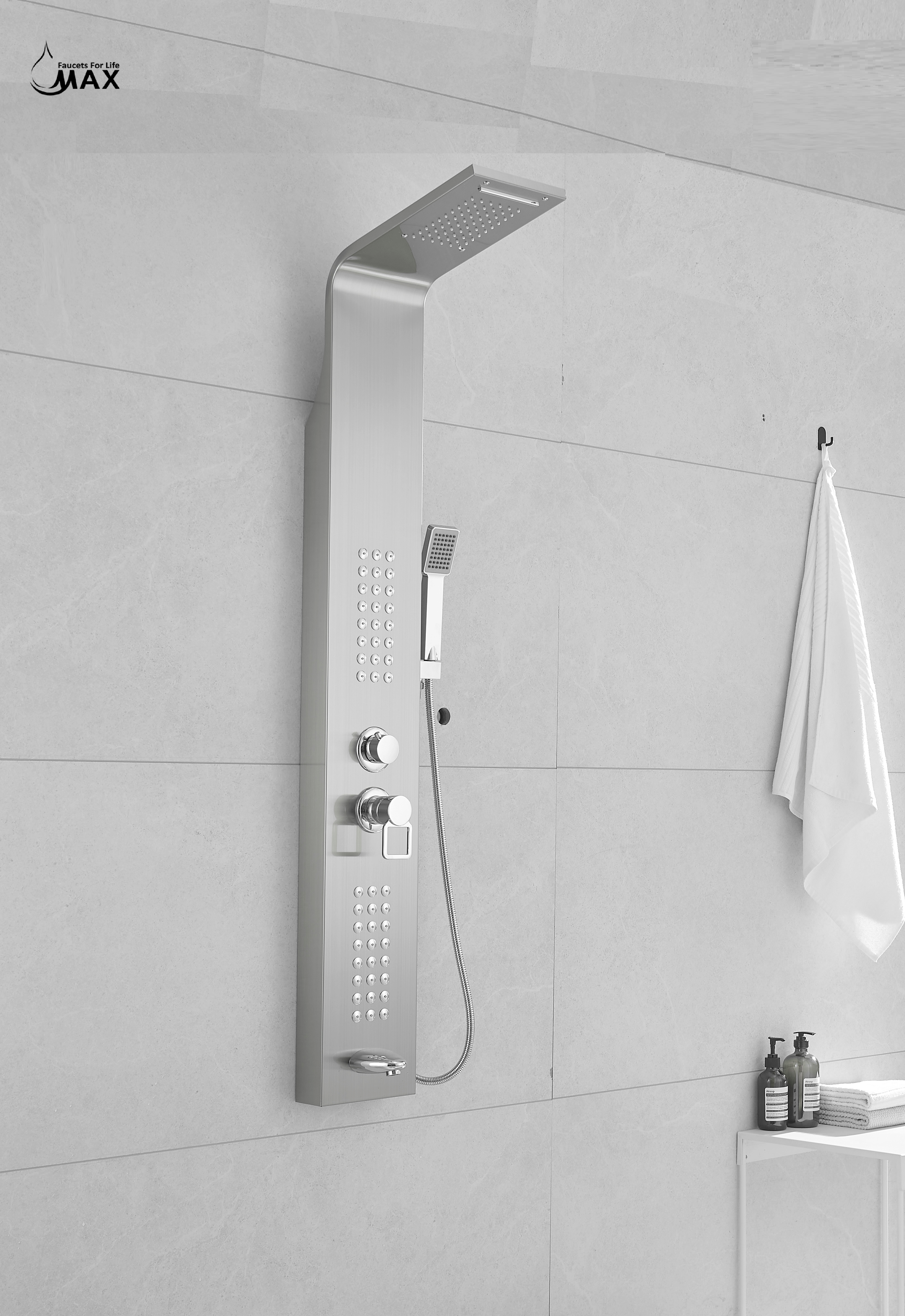 Thermostatic Waterfall Shower Panel System with Massage Jets and Handheld Shower | Brushed Nickel Finish