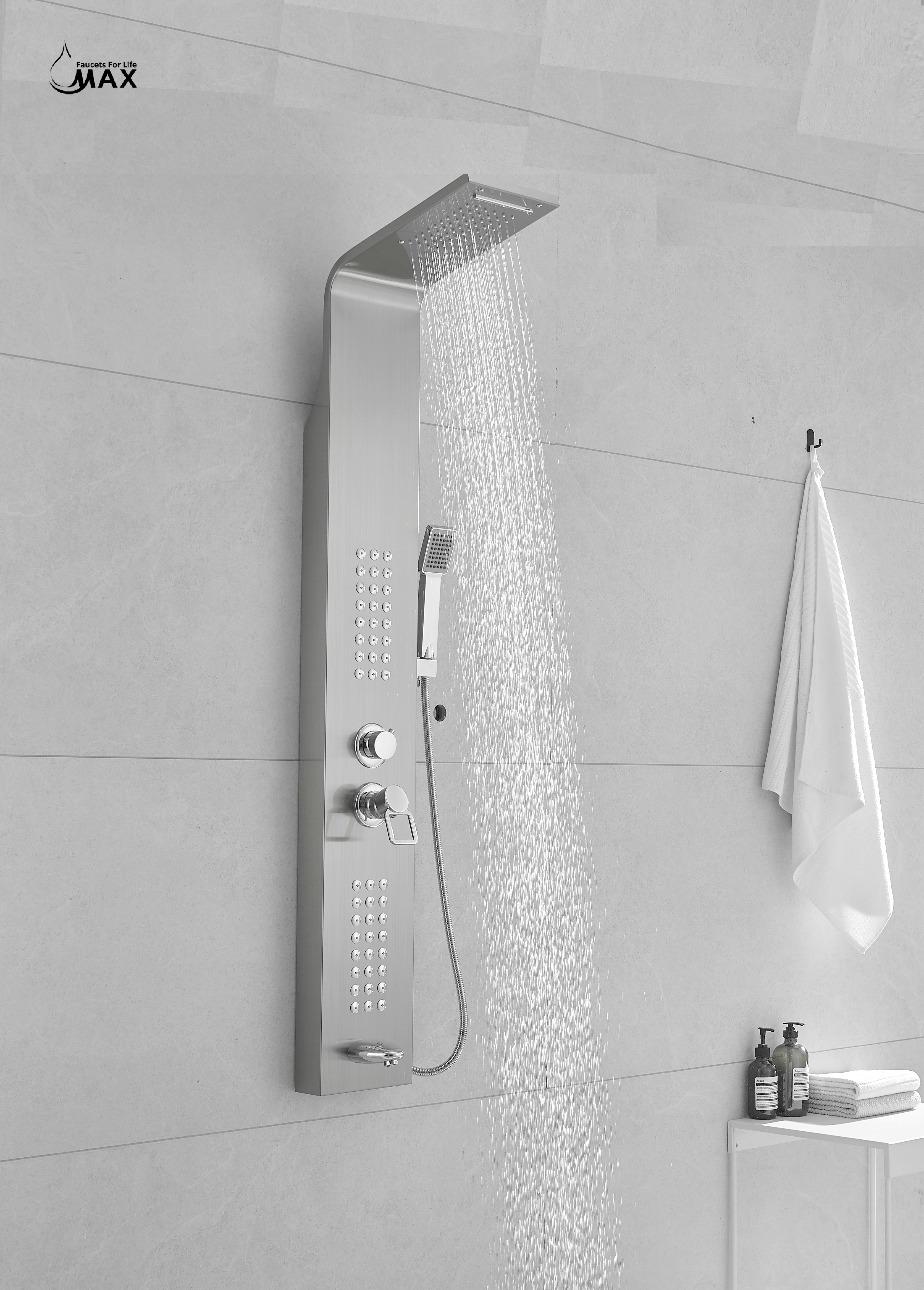 Thermostatic Waterfall Shower Panel System with Massage Jets and Handheld Shower | Brushed Nickel Finish