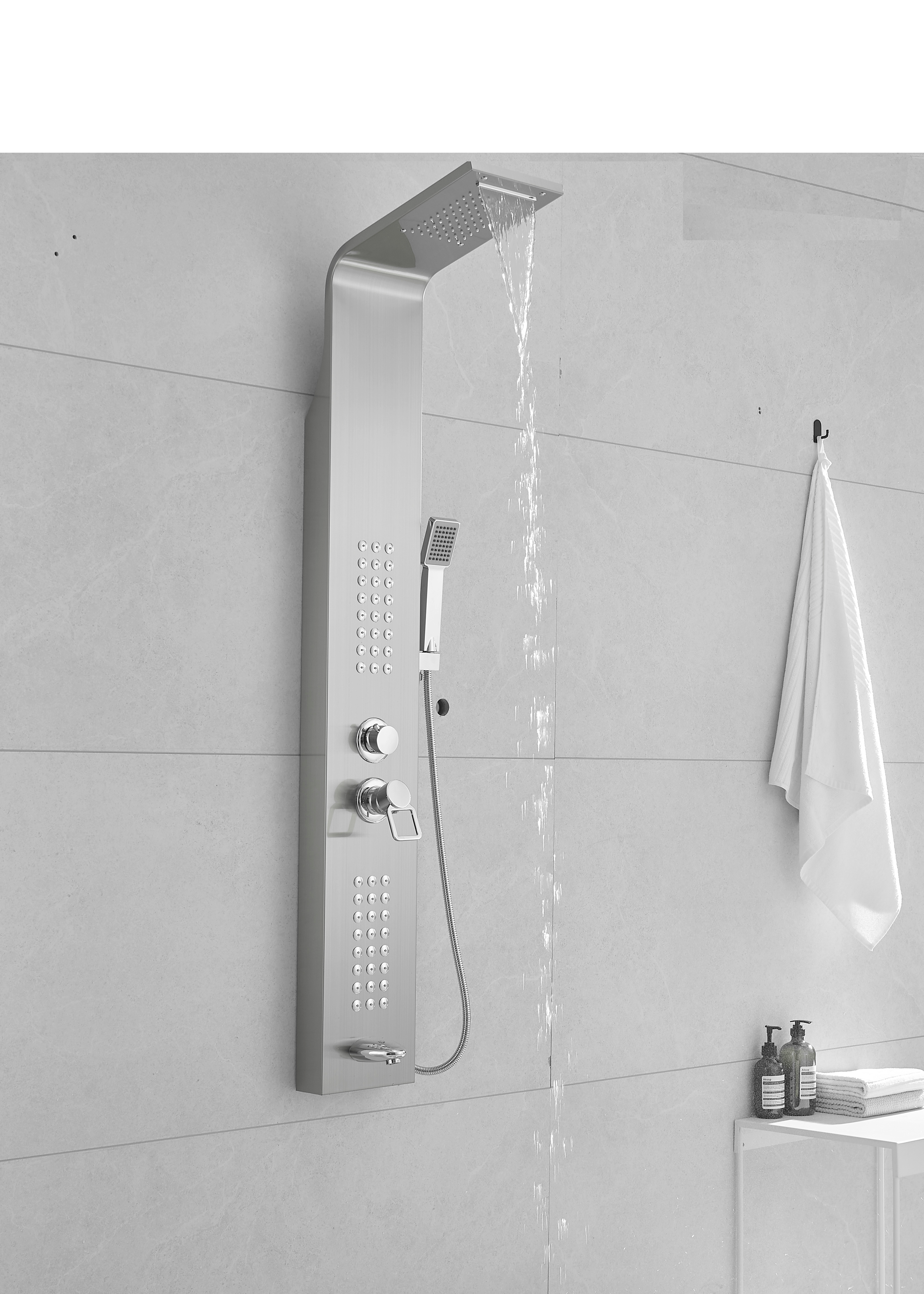 Thermostatic Waterfall Shower Panel System with Massage Jets and Handheld Shower | Brushed Nickel Finish