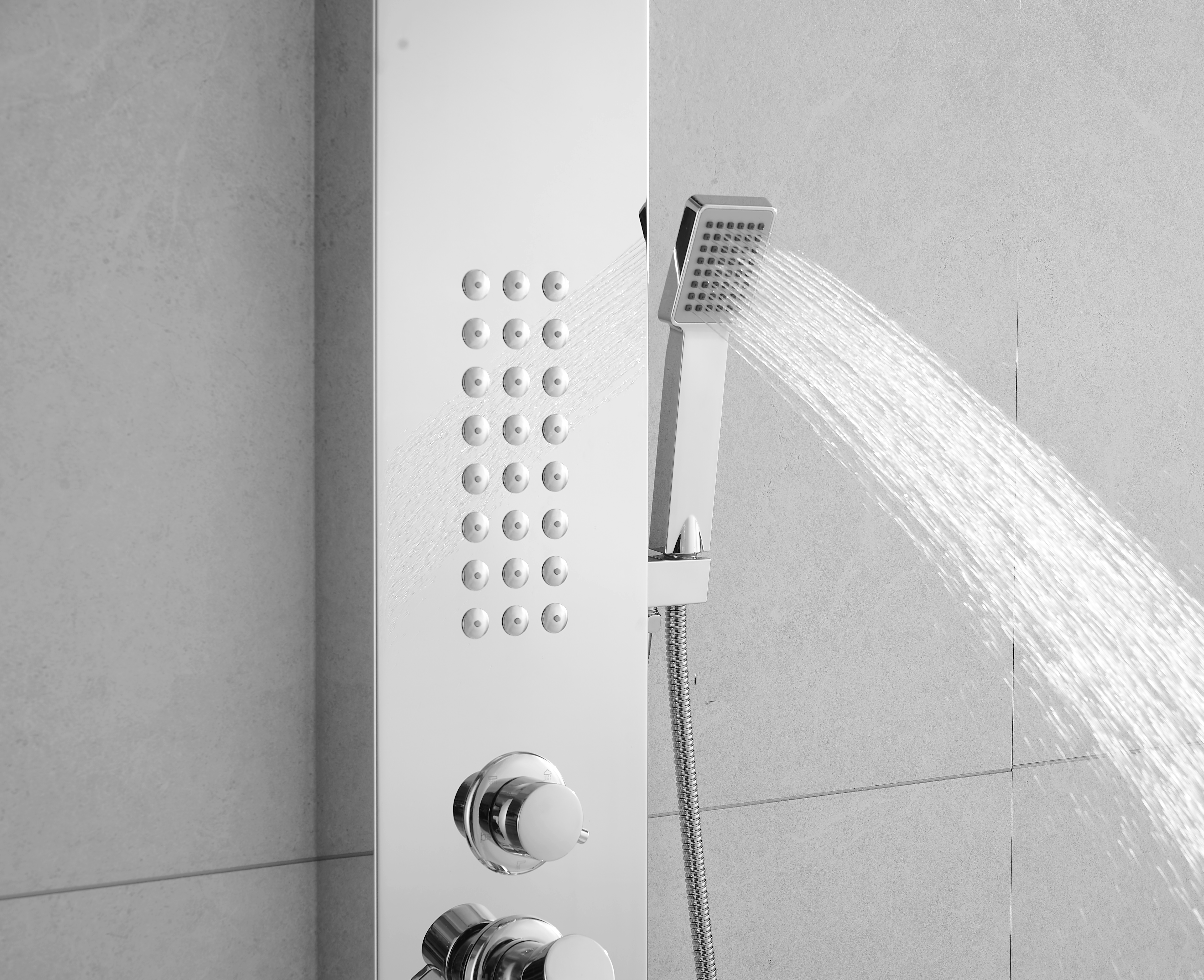 Thermostatic Waterfall Shower Panel System with Massage Jets and Handheld Shower | Chrome Finish