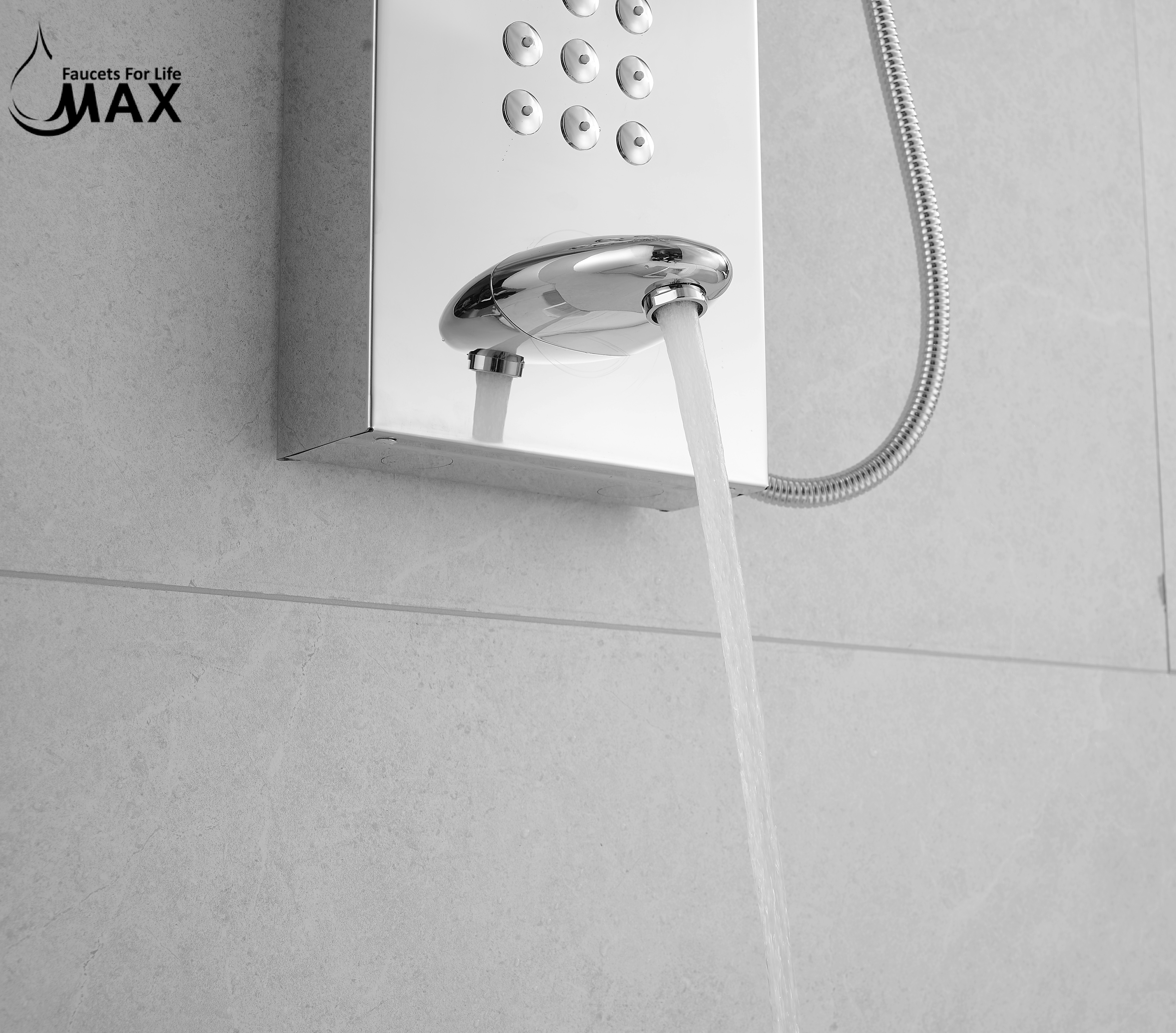 Thermostatic Waterfall Shower Panel System with Massage Jets and Handheld Shower | Chrome Finish