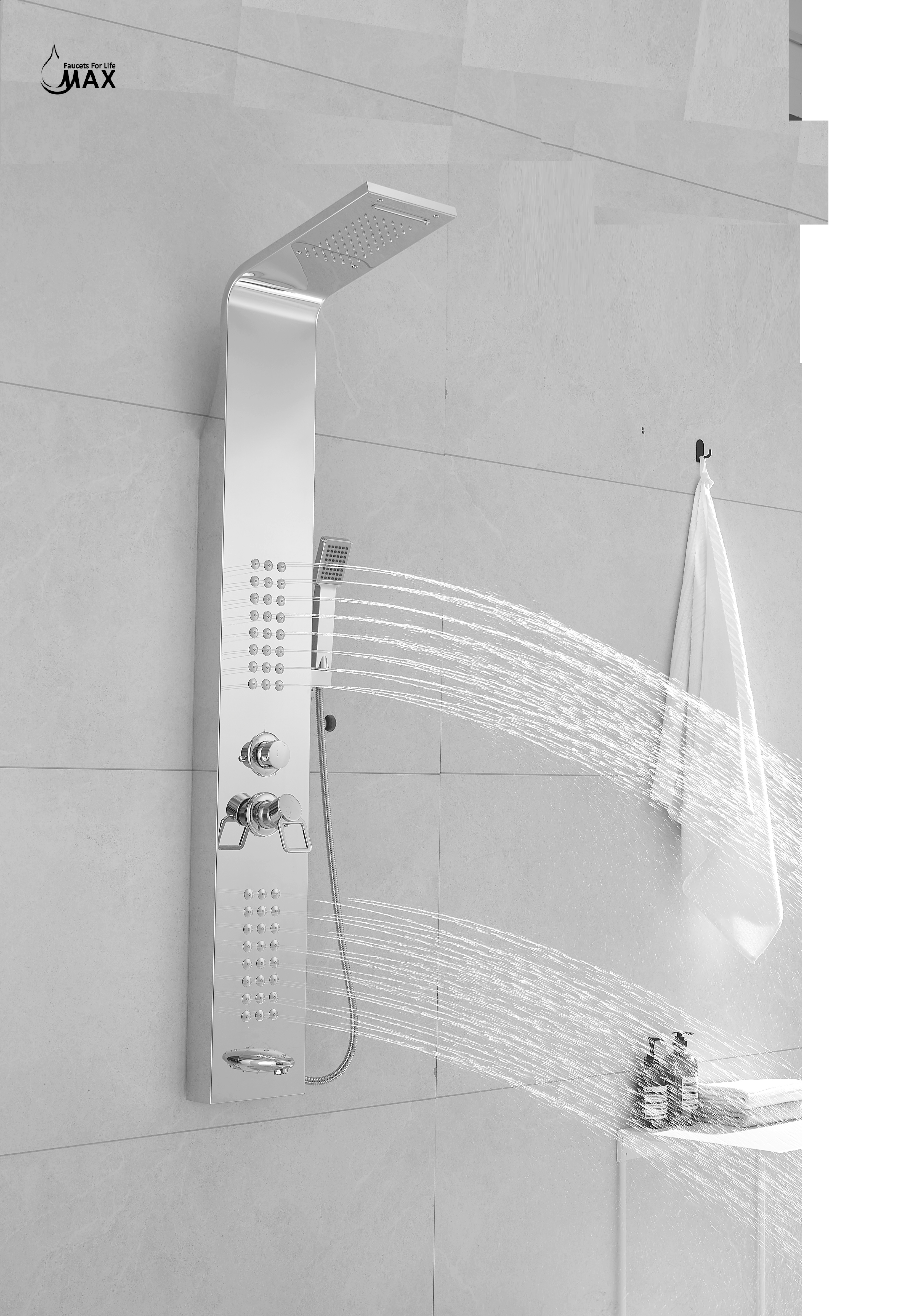 Thermostatic Waterfall Shower Panel System with Massage Jets and Handheld Shower | Chrome Finish