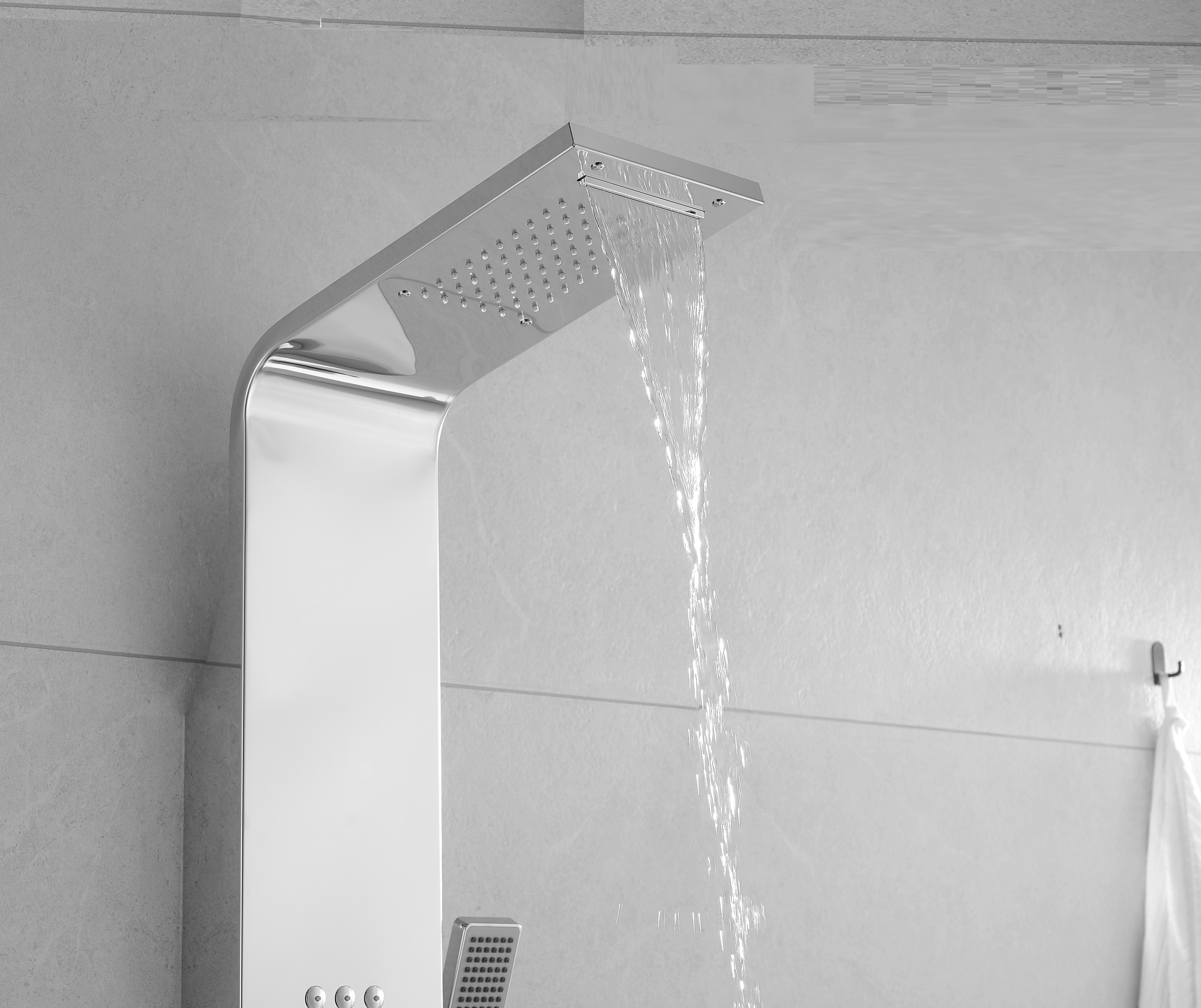 Thermostatic Waterfall Shower Panel System with Massage Jets and Handheld Shower | Chrome Finish