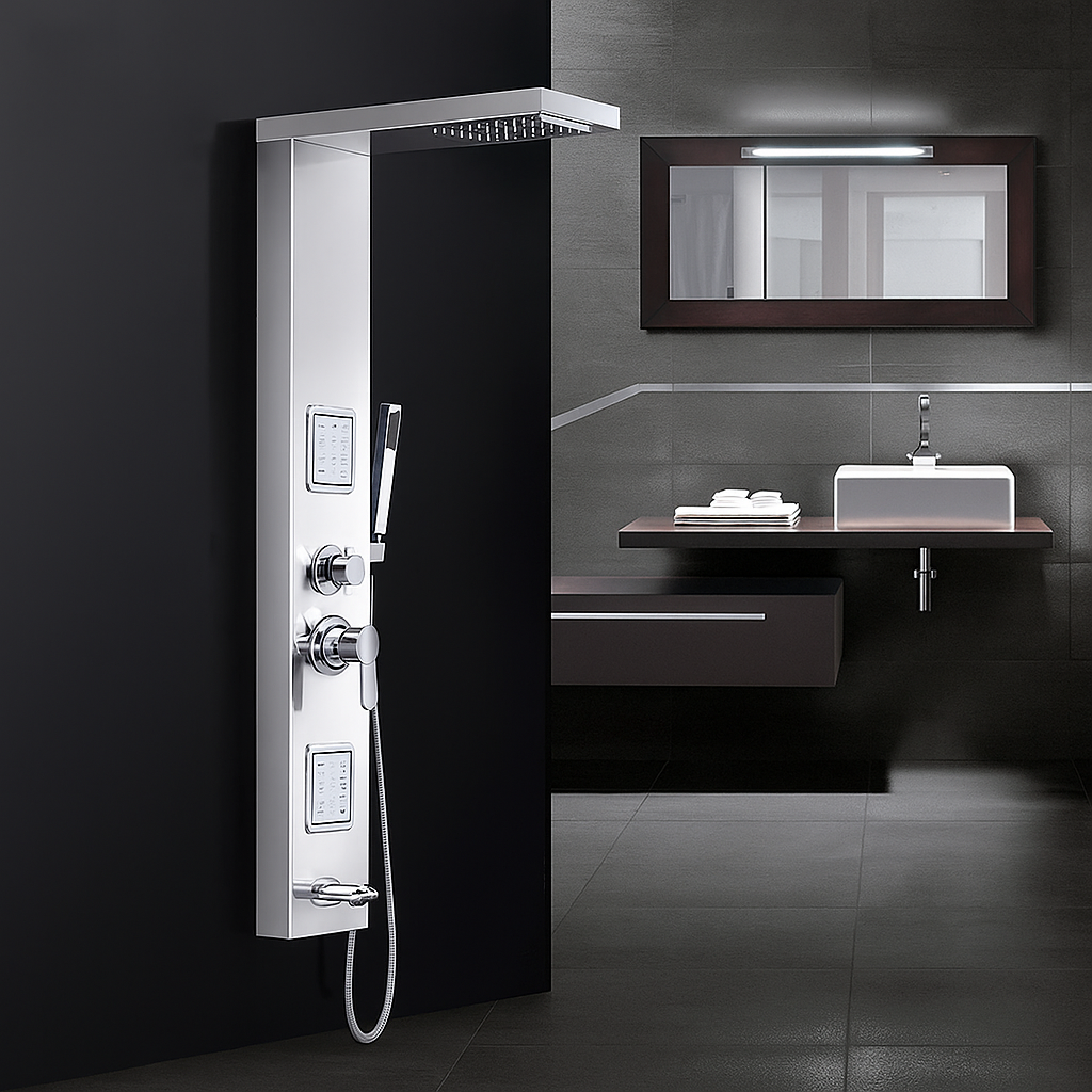 MAX Faucets | Rainfall Shower Panel System with 2 Massage Jets, Handheld, and Spout – Chrome Finish