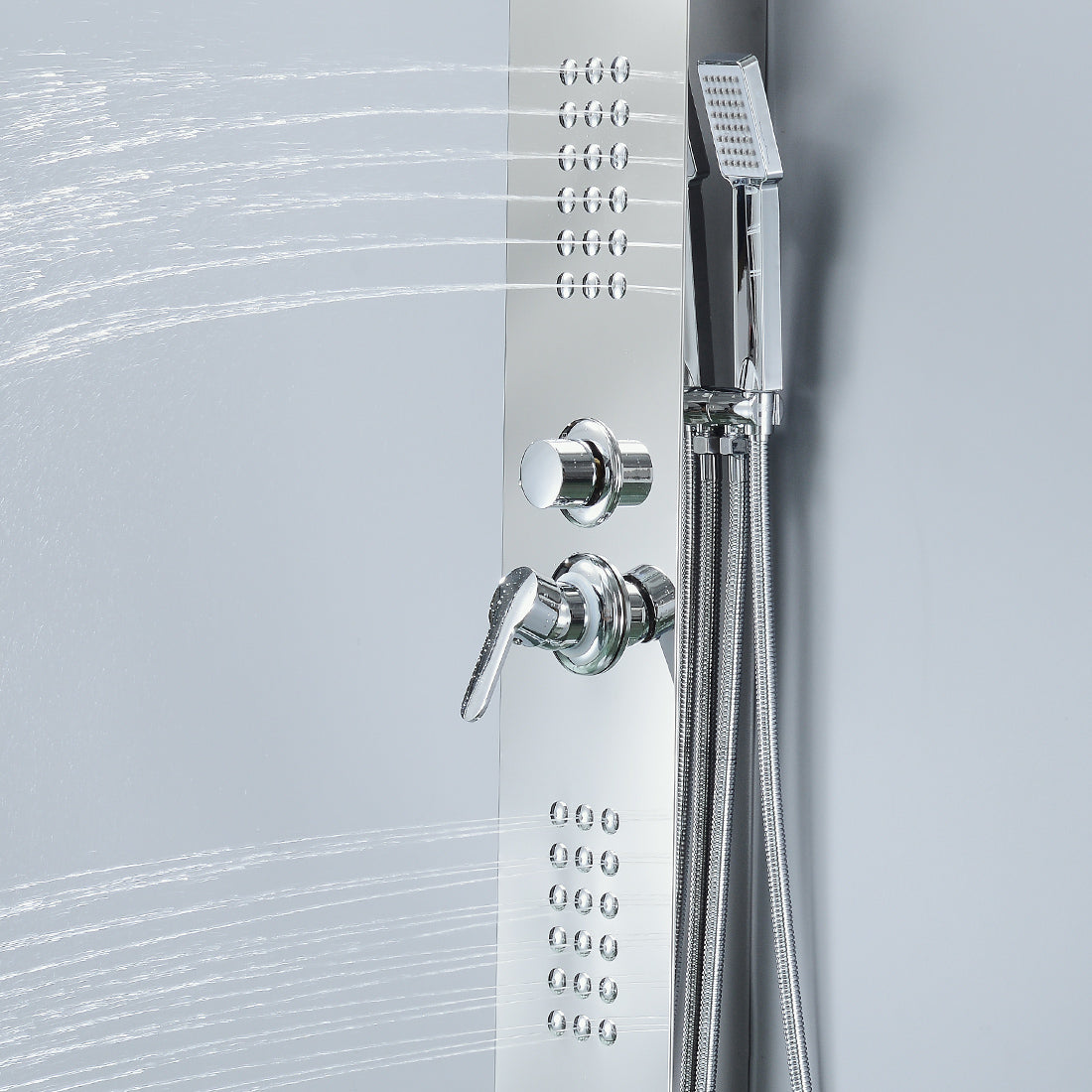MAX Faucets | Rainfall Shower Panel System with 2 Massage Jets, Handheld, and Spout – Brushed Nickel Finish