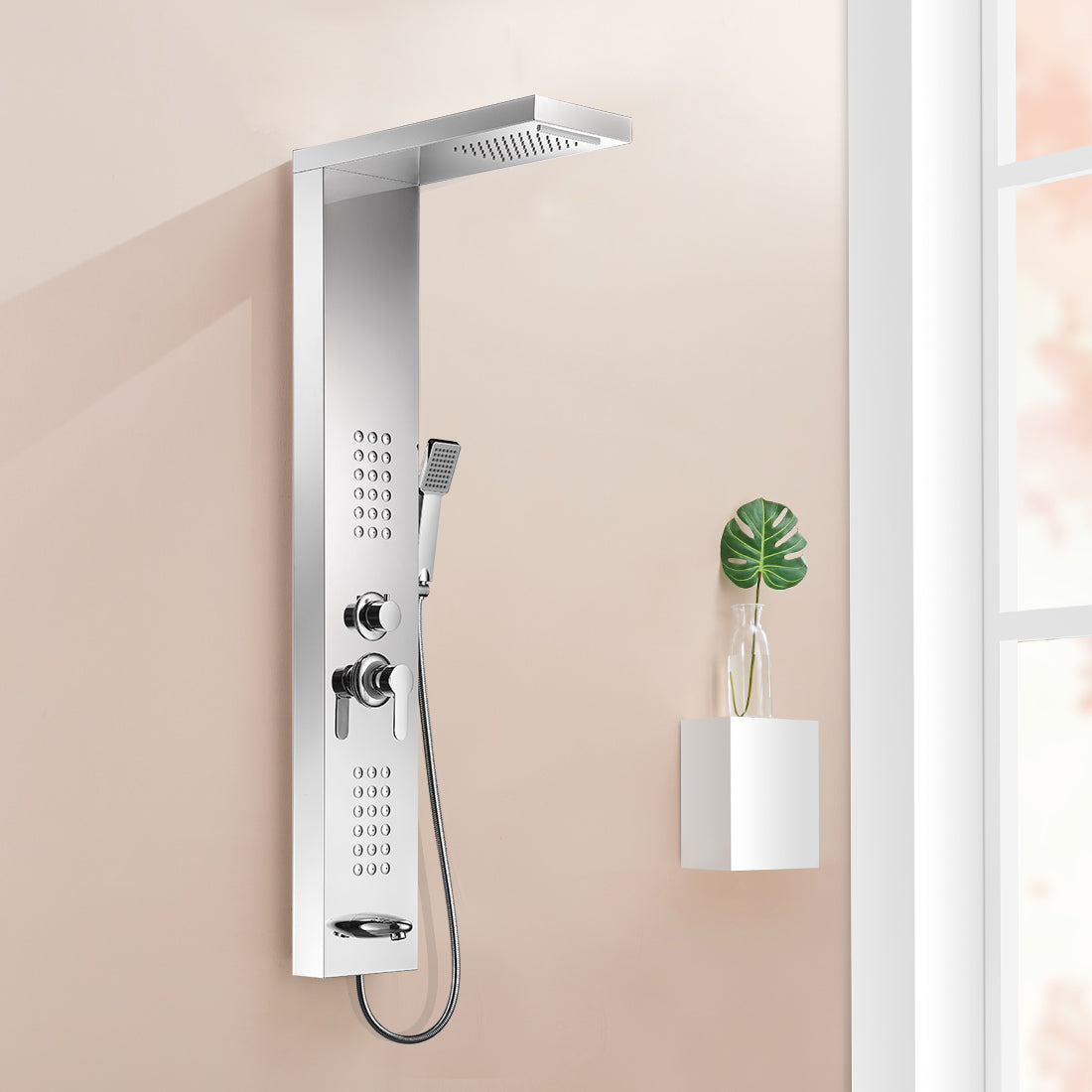 MAX Faucets | Rainfall Shower Panel System with 2 Massage Jets, Handheld, and Spout – Brushed Nickel Finish