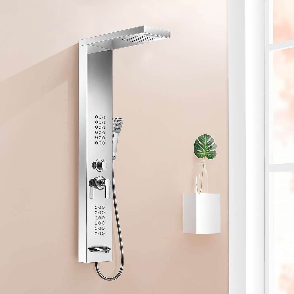 MAX Faucets | Rainfall Shower Panel System with 2 Massage Jets, Handheld, and Spout – Chrome Finish