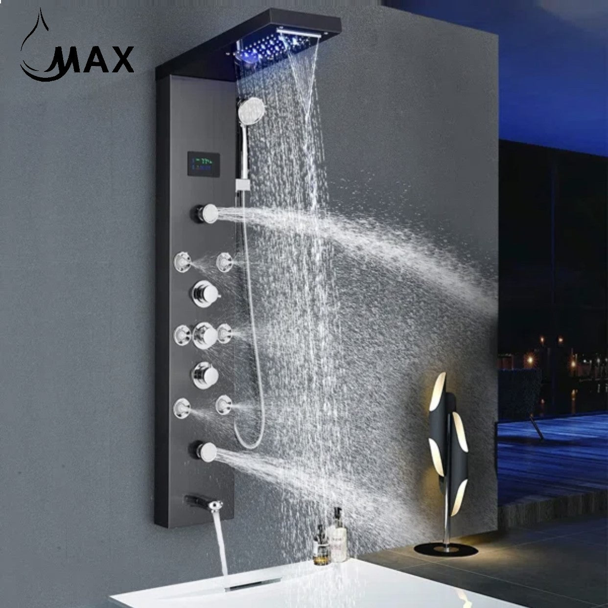 MAX Faucets | Thermostatic Rainfall & Waterfall Shower Panel System – 6 Functions with 8 Massage Jets, Handheld, and Spout (Black Finish)