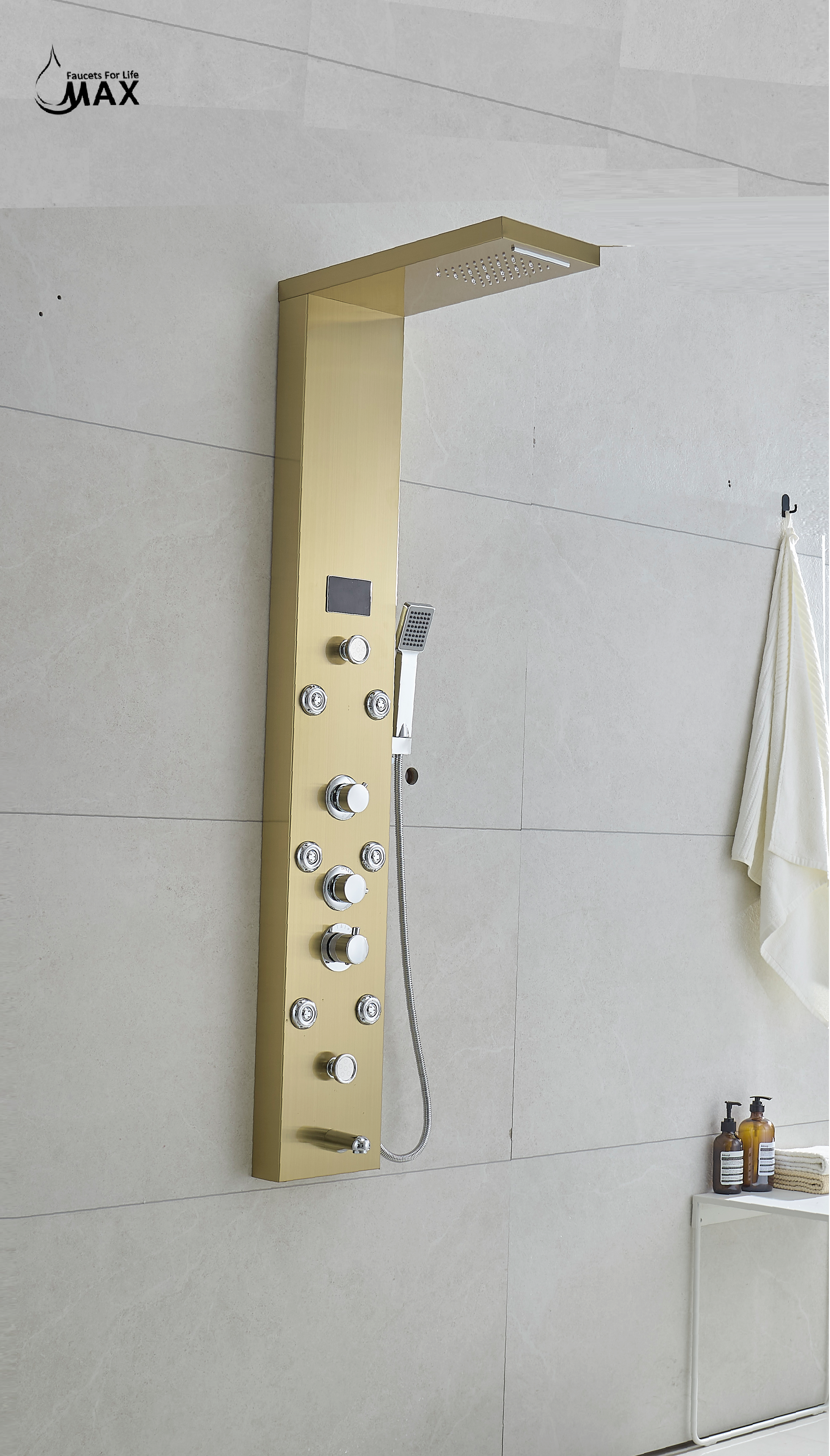 MAX Faucets | Thermostatic Rainfall & Waterfall Shower Panel System – 6 Functions with 8 Massage Jets, Handheld, and Spout (Brushed Gold Finish)