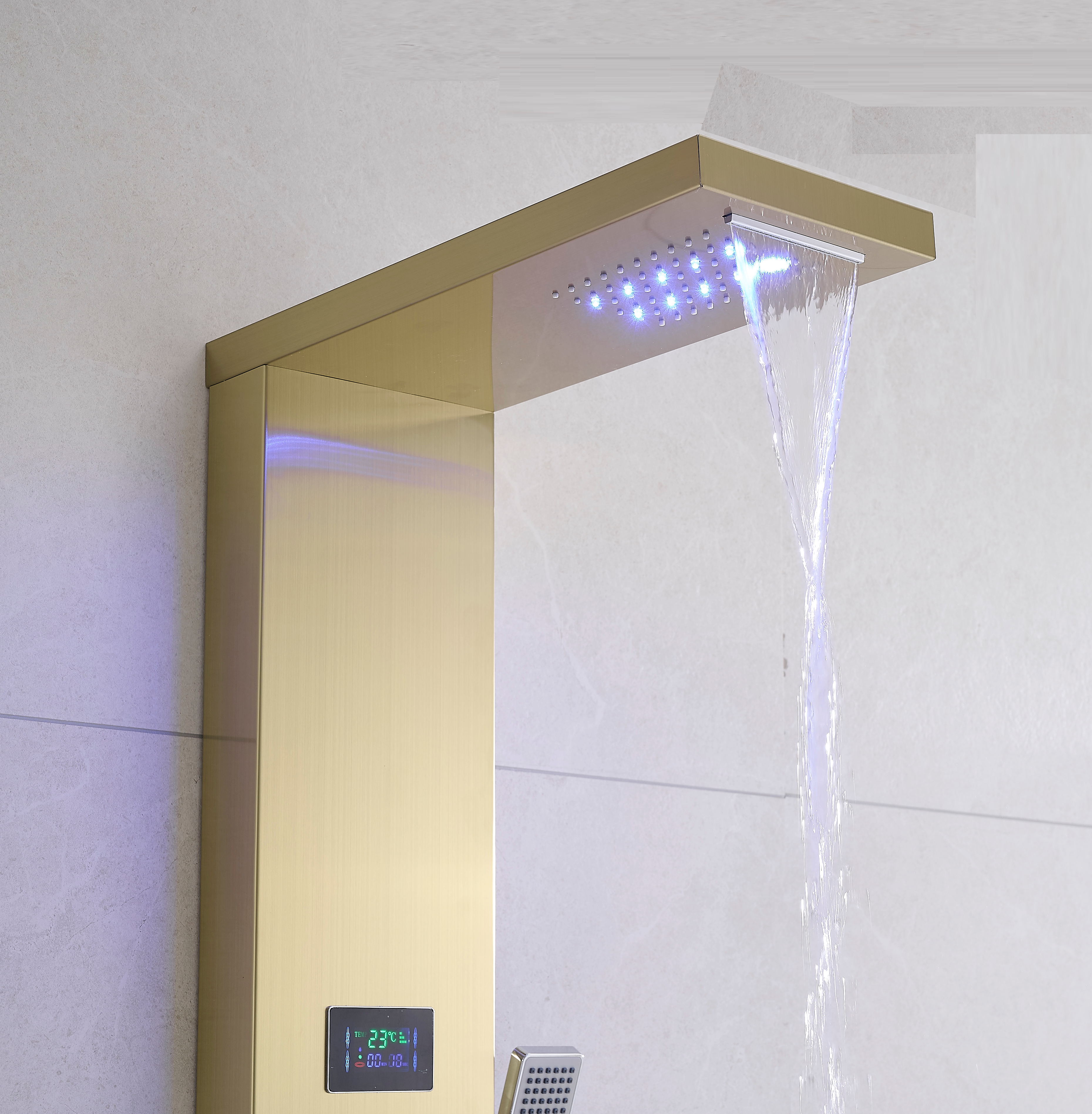 MAX Faucets | Thermostatic Rainfall & Waterfall Shower Panel System – 6 Functions with 8 Massage Jets, Handheld, and Spout (Brushed Gold Finish)