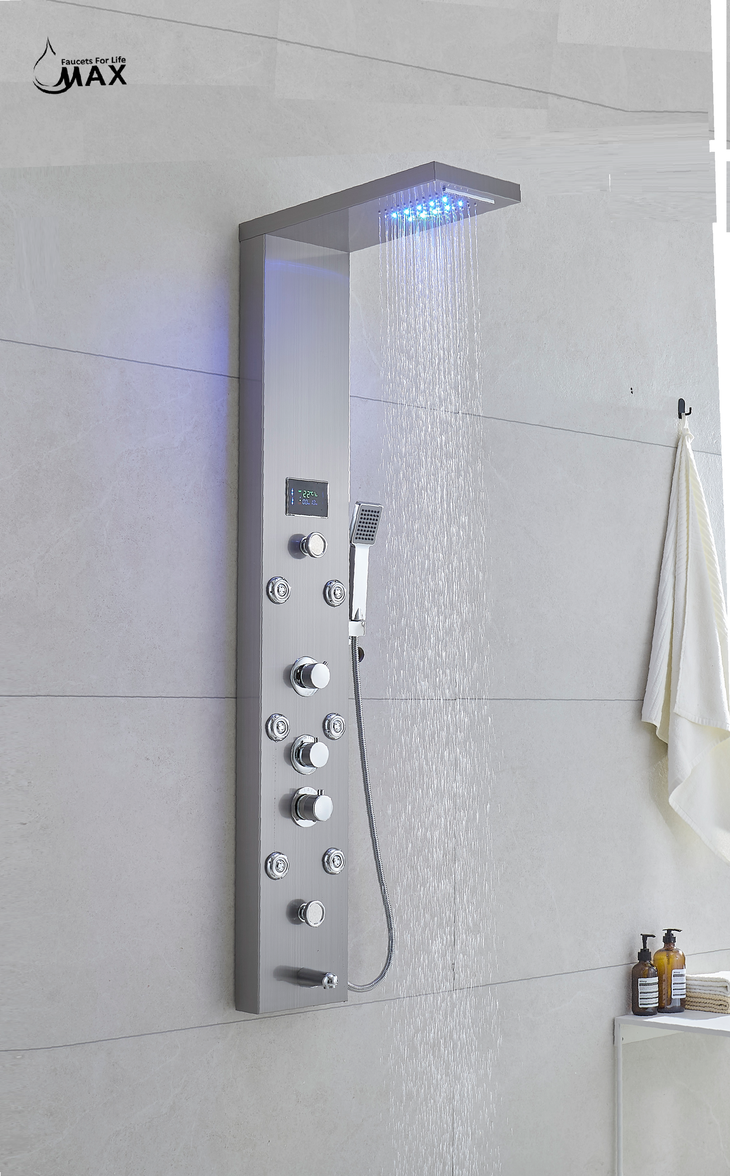 A brushed nickel thermostatic shower panel system with a rainfall and waterfall shower head, handheld shower, and massage body jets, featuring a digital display and LED lighting.