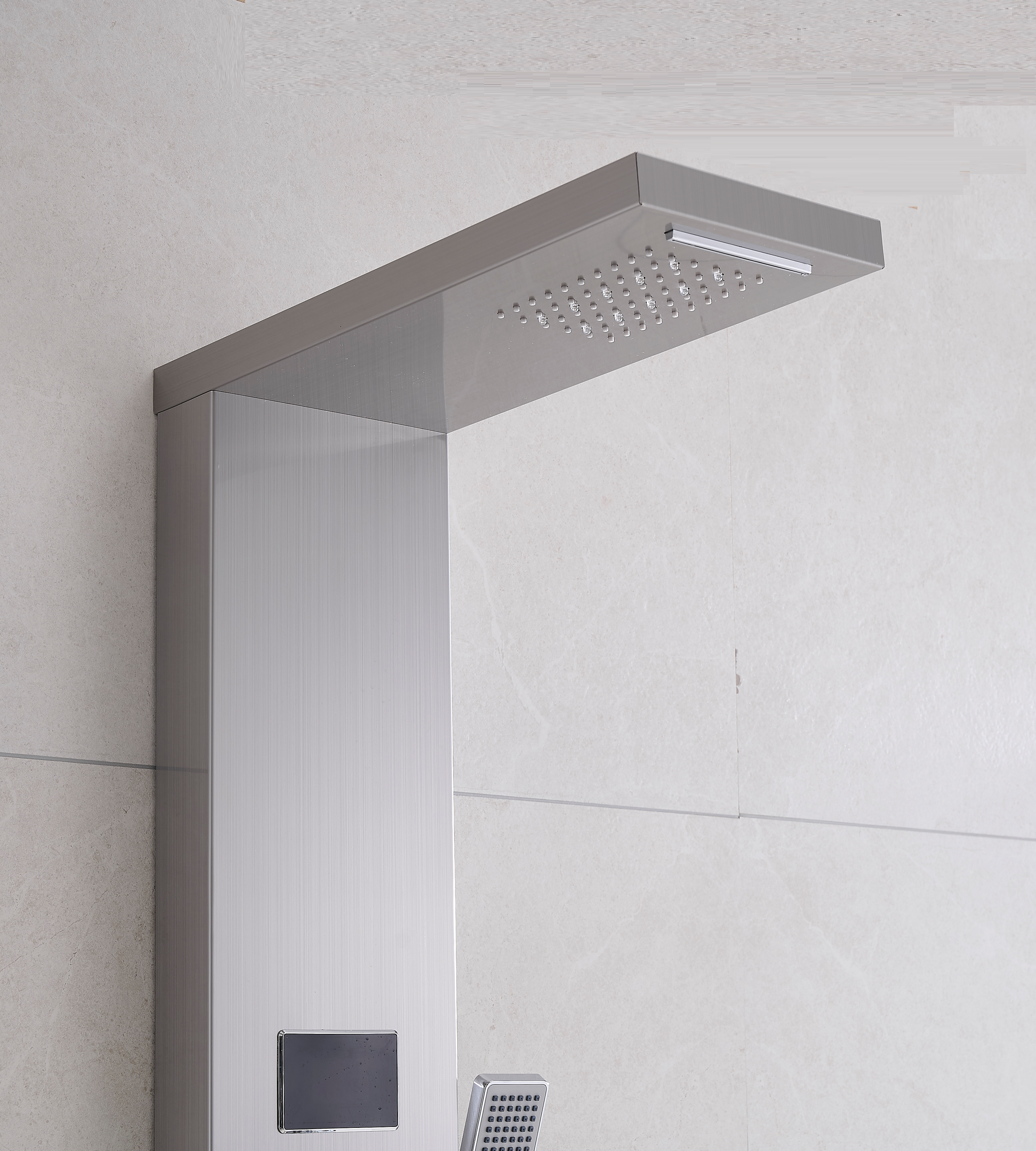 MAX Faucets | Thermostatic Rainfall & Waterfall Shower Panel System – 6 Functions with 8 Massage Jets, Handheld, and Spout (Brushed Nickel Finish)