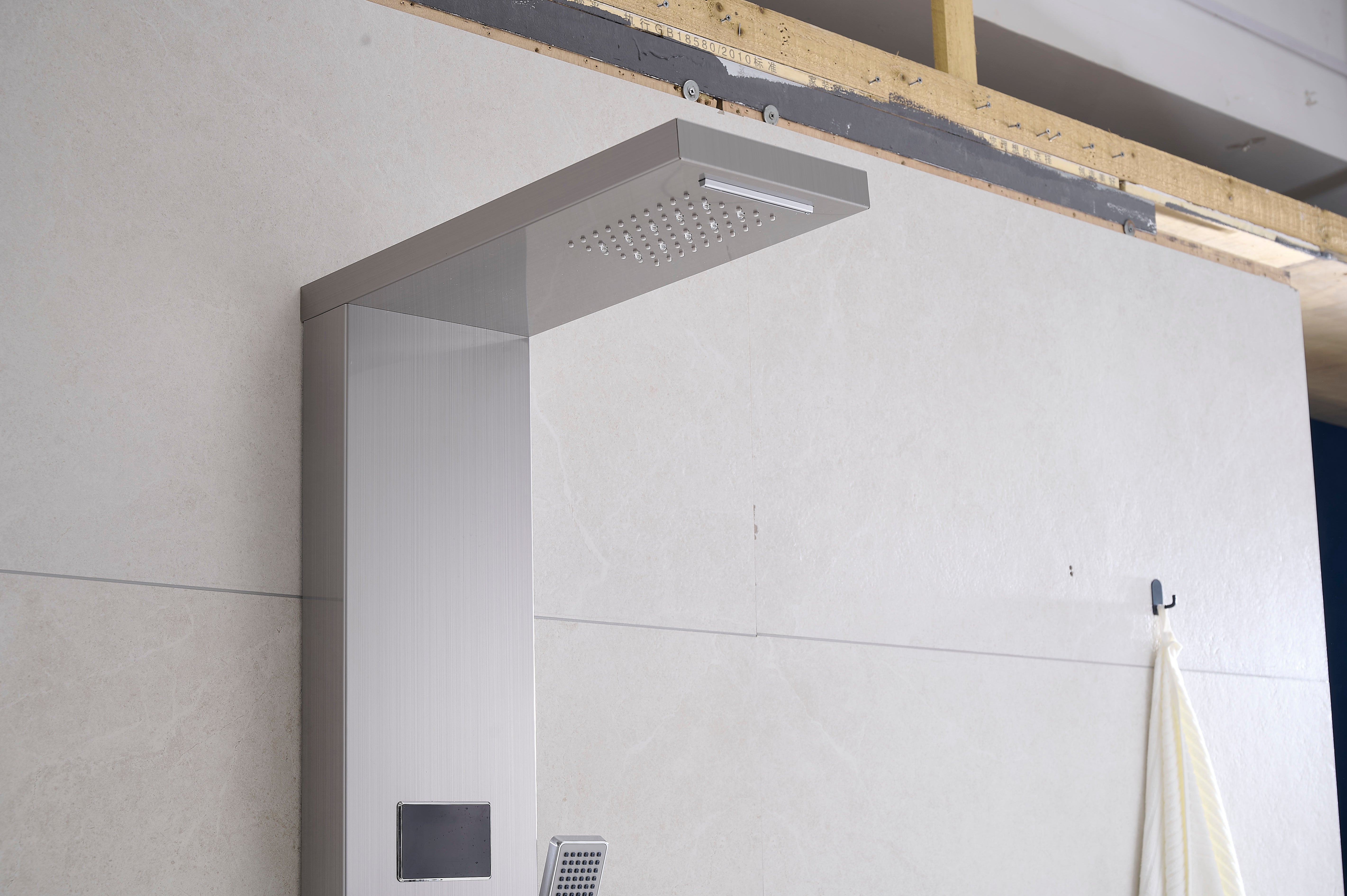 MAX Faucets | Thermostatic Rainfall & Waterfall Shower Panel System – 6 Functions with 8 Massage Jets, Handheld, and Spout (Brushed Nickel Finish)