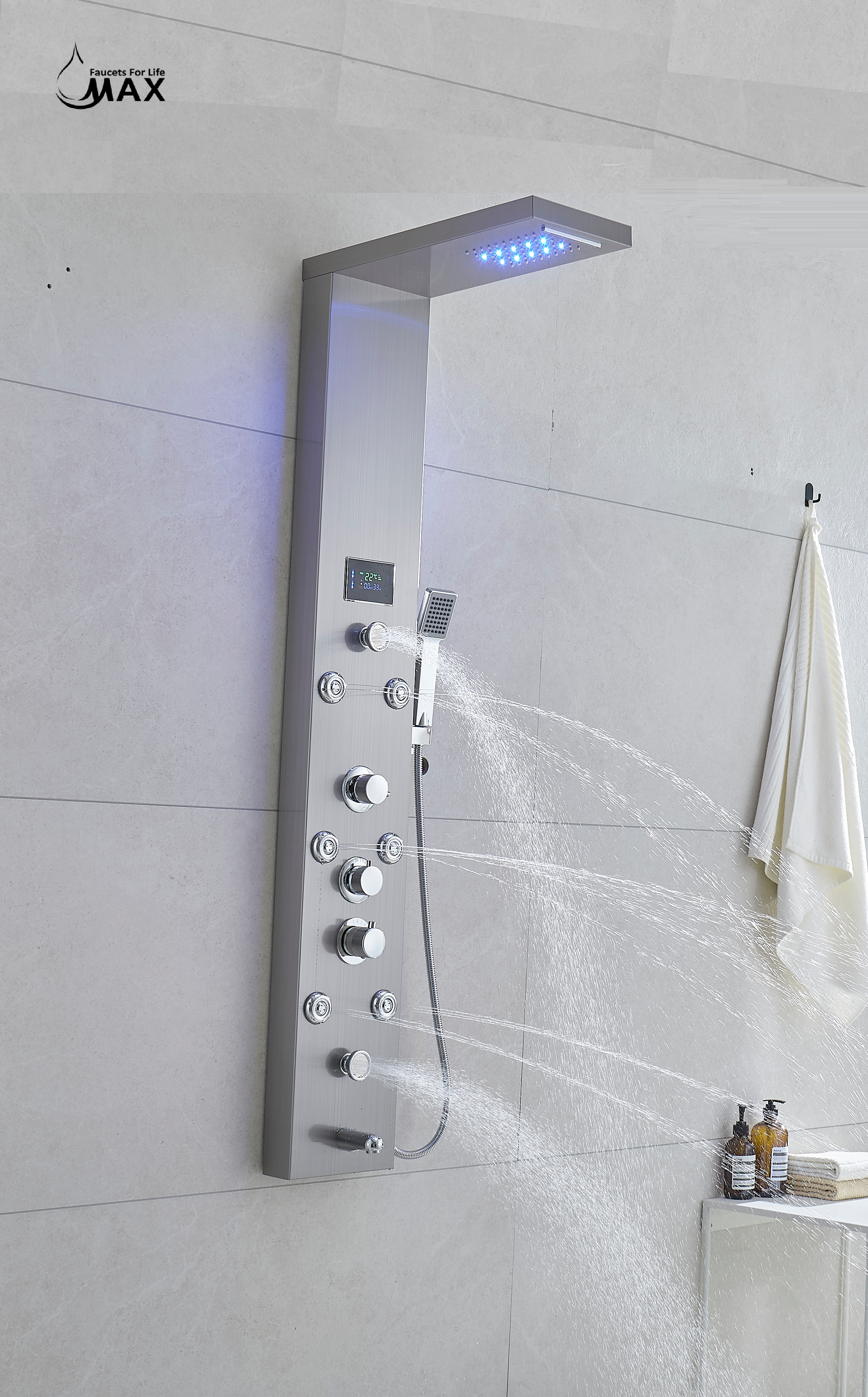 MAX Faucets | Thermostatic Rainfall & Waterfall Shower Panel System – 6 Functions with 8 Massage Jets, Handheld, and Spout (Brushed Nickel Finish)