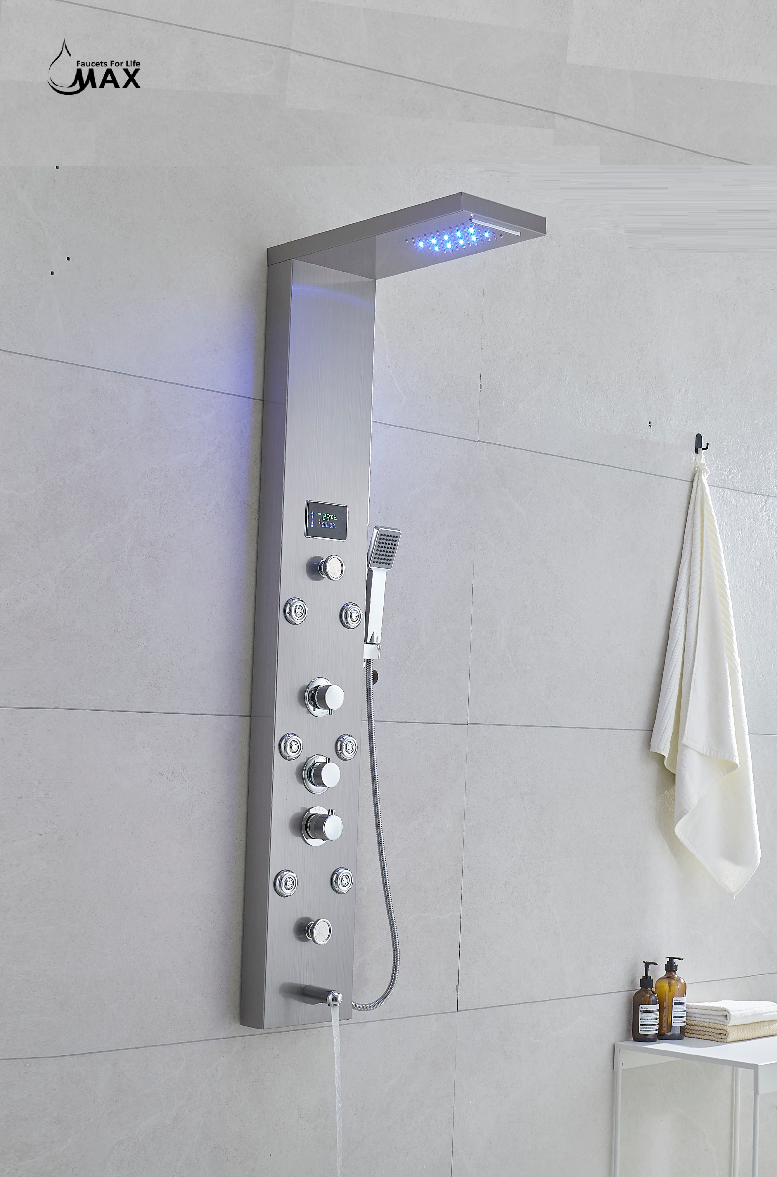 MAX Faucets | Thermostatic Rainfall & Waterfall Shower Panel System – 6 Functions with 8 Massage Jets, Handheld, and Spout (Brushed Nickel Finish)