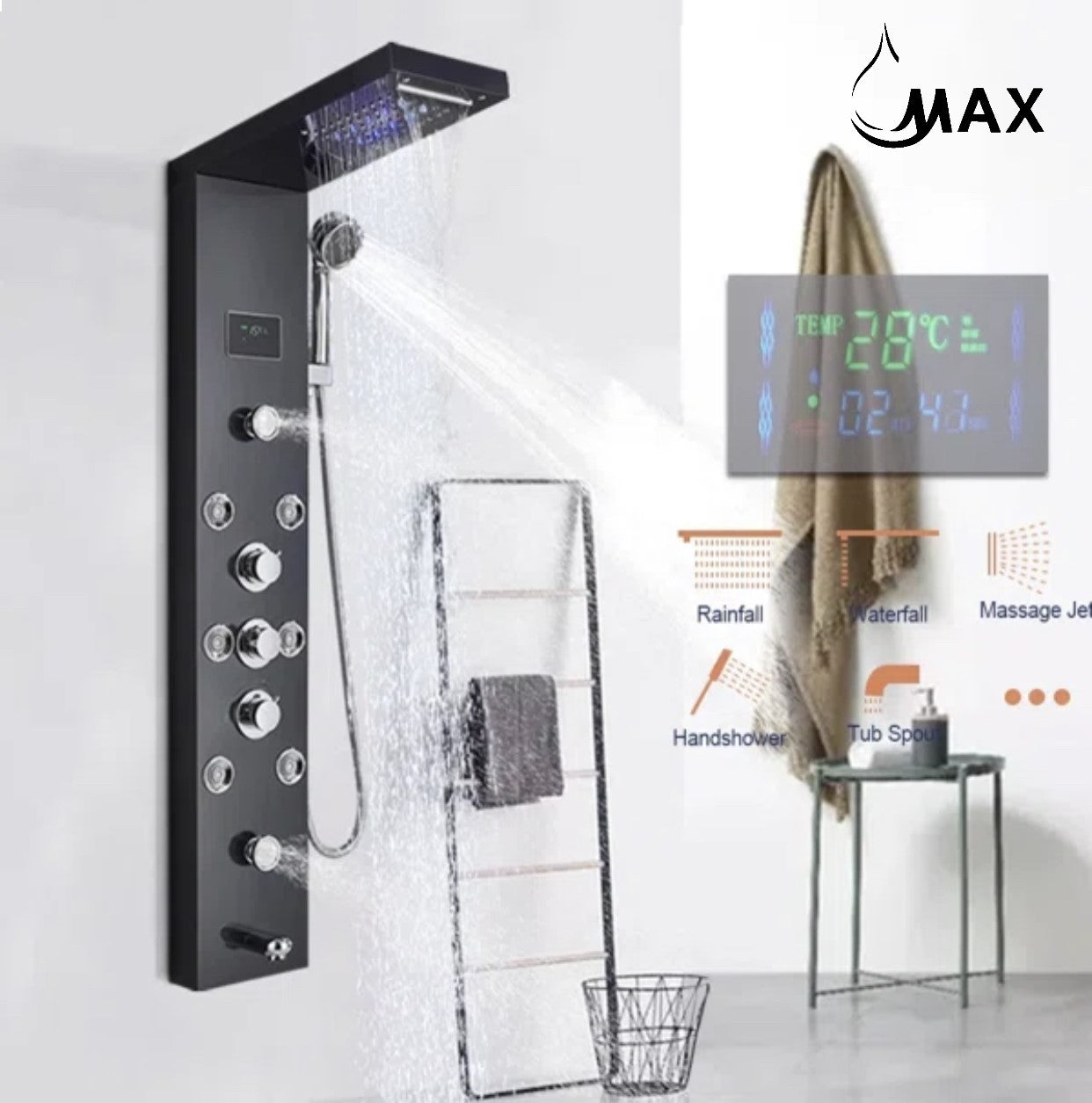 MAX Faucets | Thermostatic Rainfall & Waterfall Shower Panel System – 6 Functions with 8 Massage Jets, Handheld, and Spout (Black Finish)
