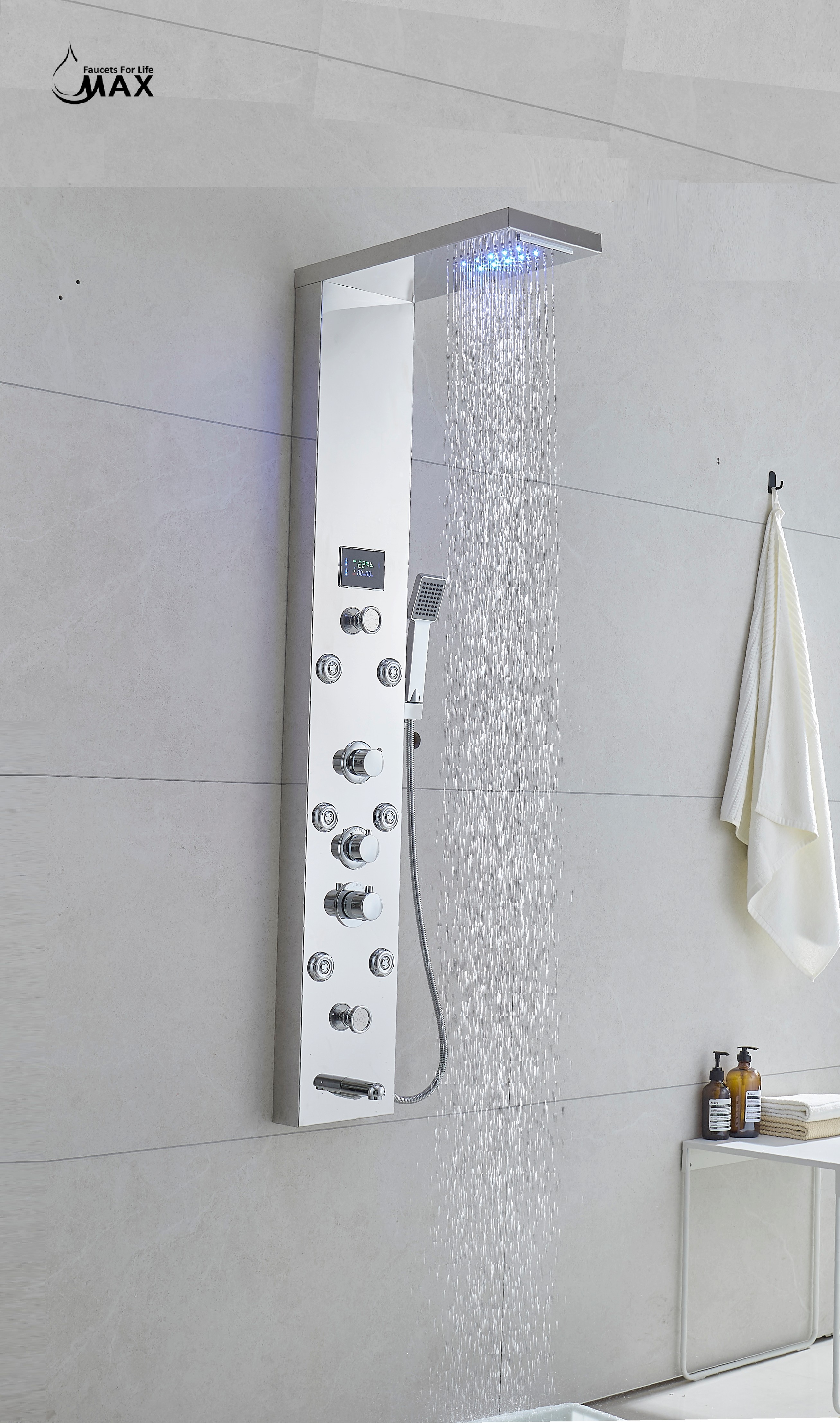 MAX Faucets | Thermostatic Rainfall & Waterfall Shower Panel System – 6 Functions with 8 Massage Jets, Handheld, and Spout (Chrome Finish)