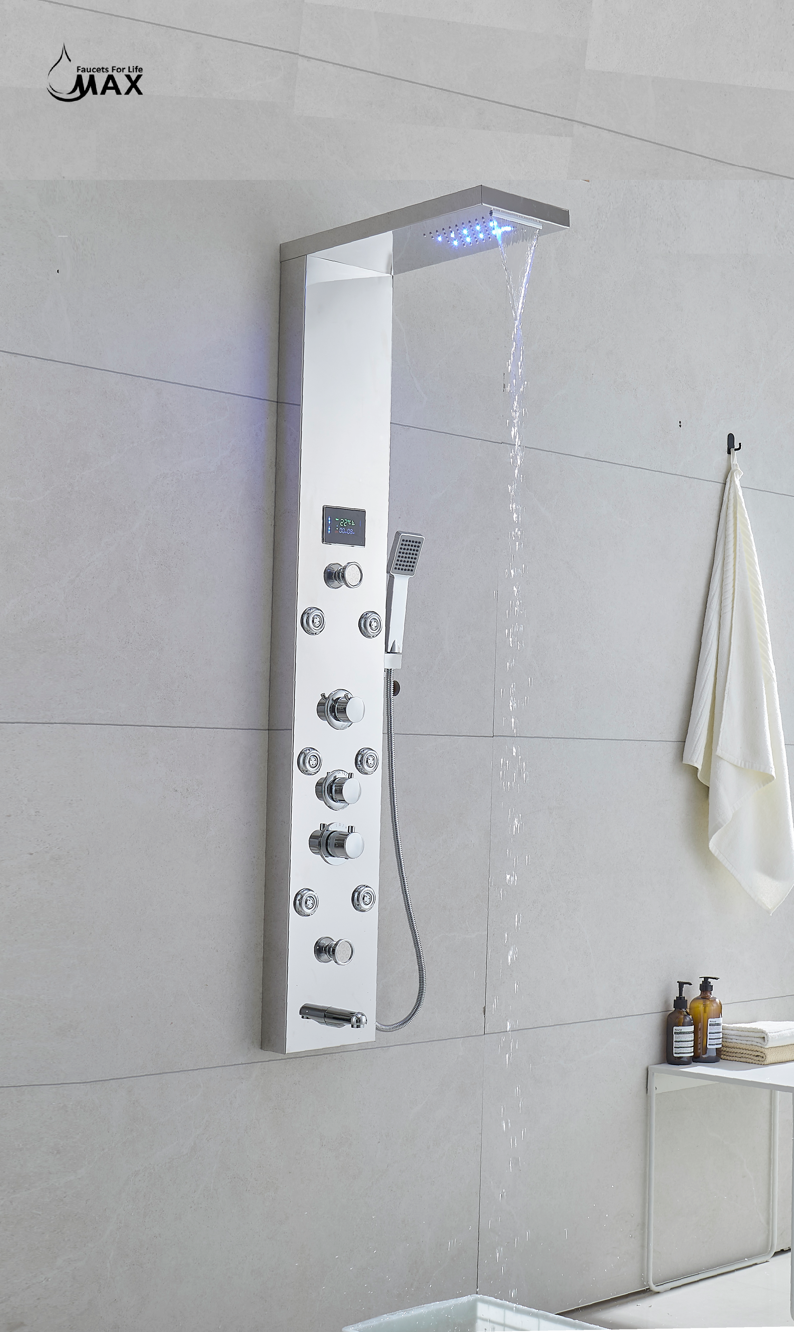 MAX Faucets | Thermostatic Rainfall & Waterfall Shower Panel System – 6 Functions with 8 Massage Jets, Handheld, and Spout (Chrome Finish)