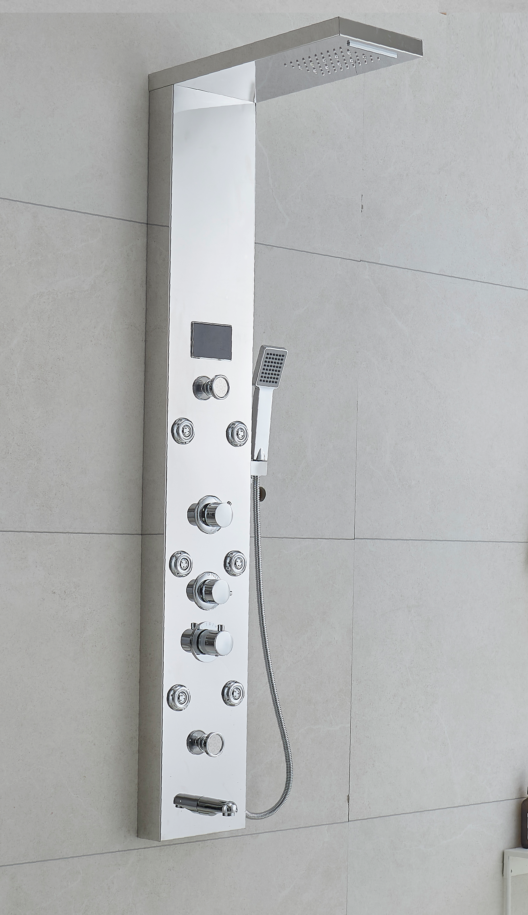 MAX Faucets | Thermostatic Rainfall & Waterfall Shower Panel System – 6 Functions with 8 Massage Jets, Handheld, and Spout (Chrome Finish)