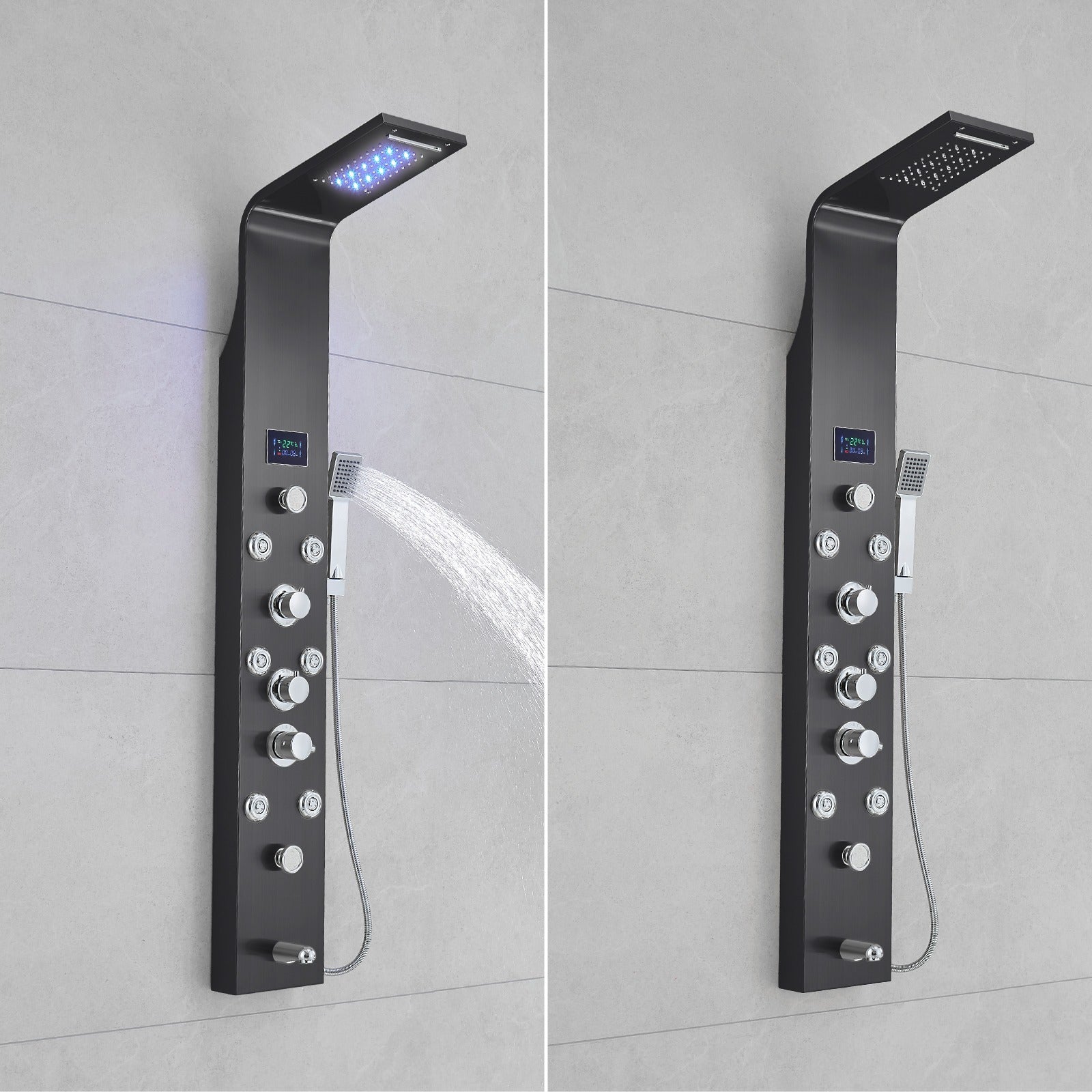 Thermostatic Rainfall Shower Panel System – 6 Functions with 8 Massage Jets, Handheld Shower & Digital Display | Black Finish