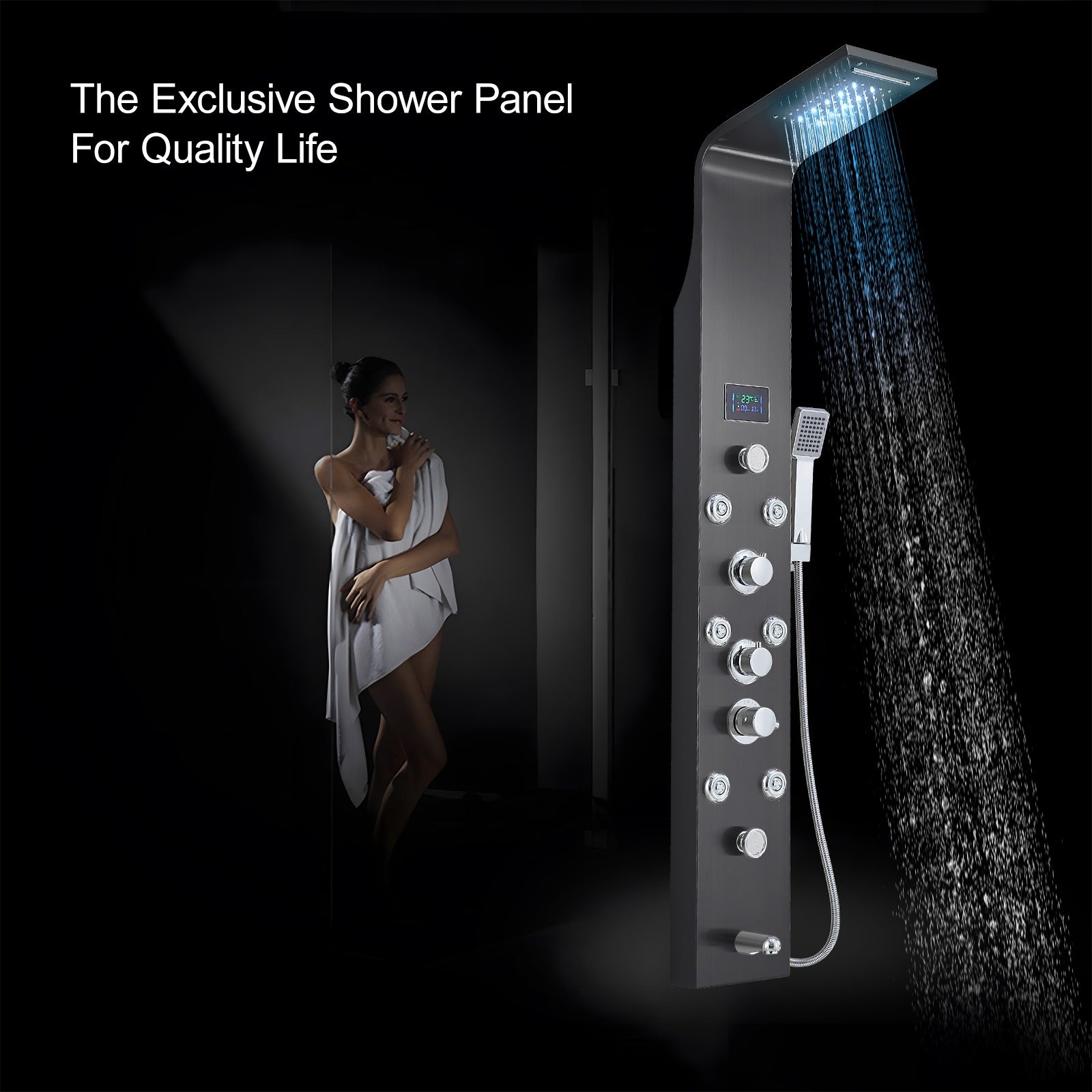 Thermostatic Rainfall Shower Panel System – 6 Functions with 8 Massage Jets, Handheld Shower & Digital Display | Black Finish