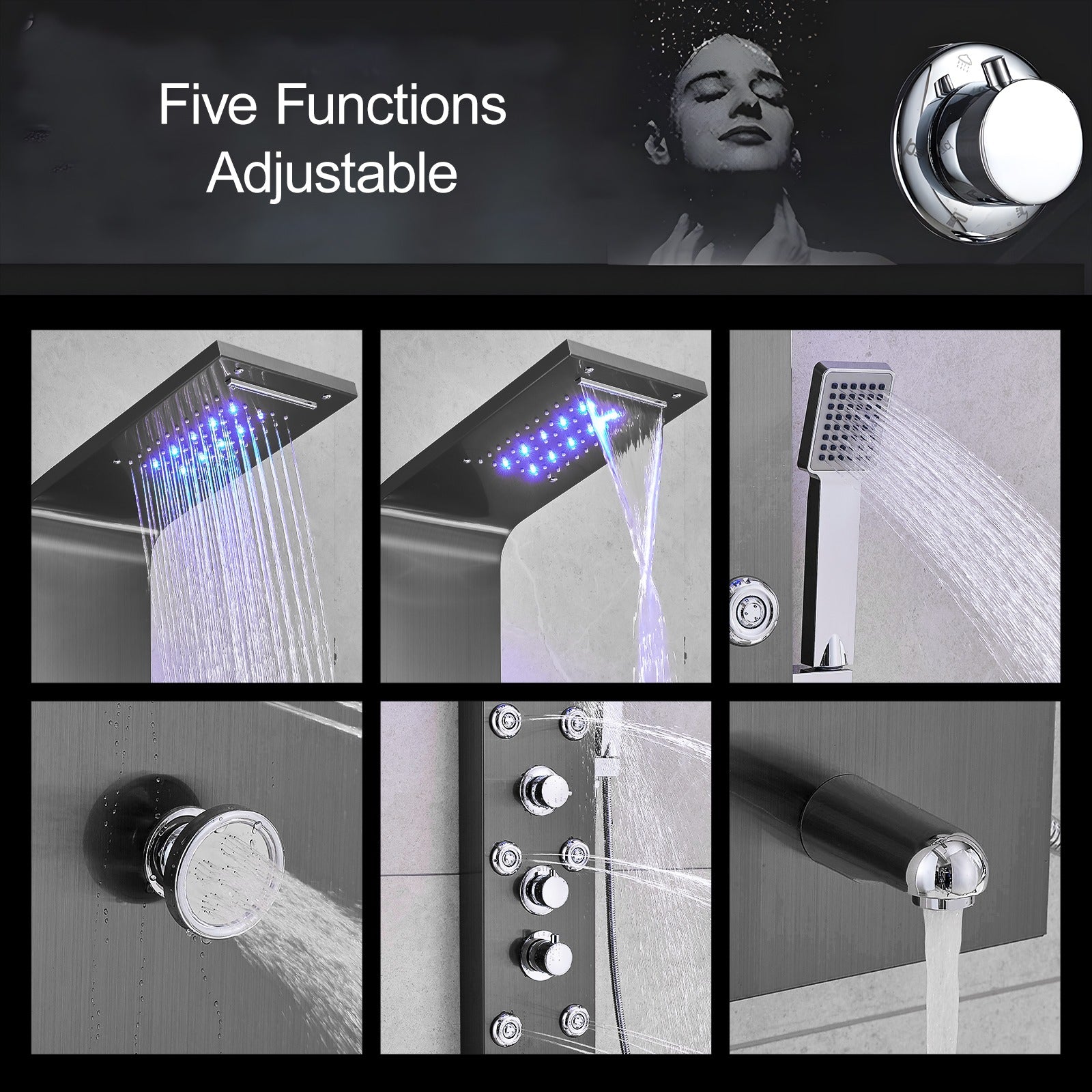 Thermostatic Rainfall Shower Panel System – 6 Functions with 8 Massage Jets, Handheld Shower & Digital Display | Black Finish