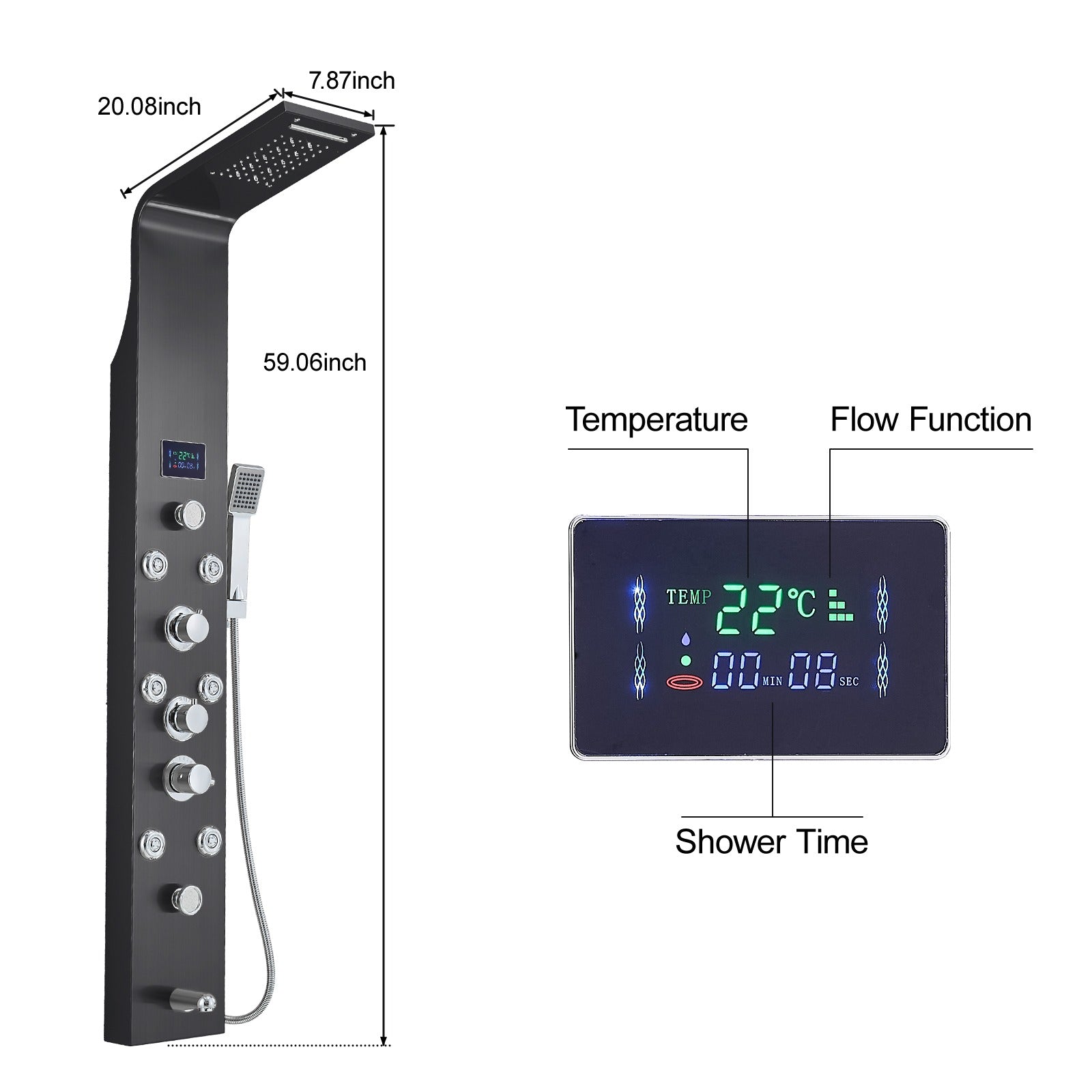 Thermostatic Rainfall Shower Panel System – 6 Functions with 8 Massage Jets, Handheld Shower & Digital Display | Black Finish