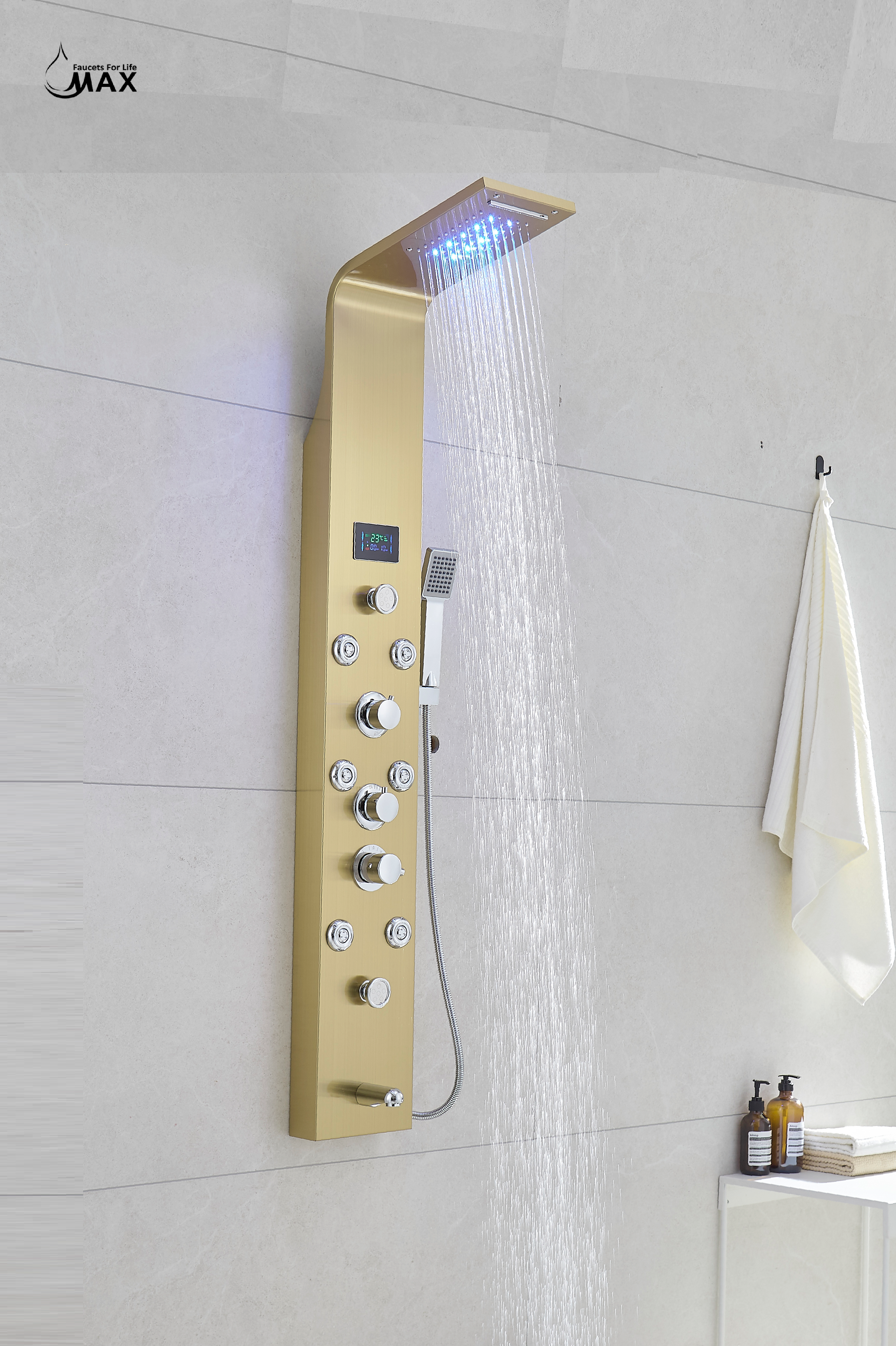 Thermostatic Rainfall Shower Panel System – 6 Functions with 8 Massage Jets, Handheld Shower & Digital Display | Brushed Gold Finish