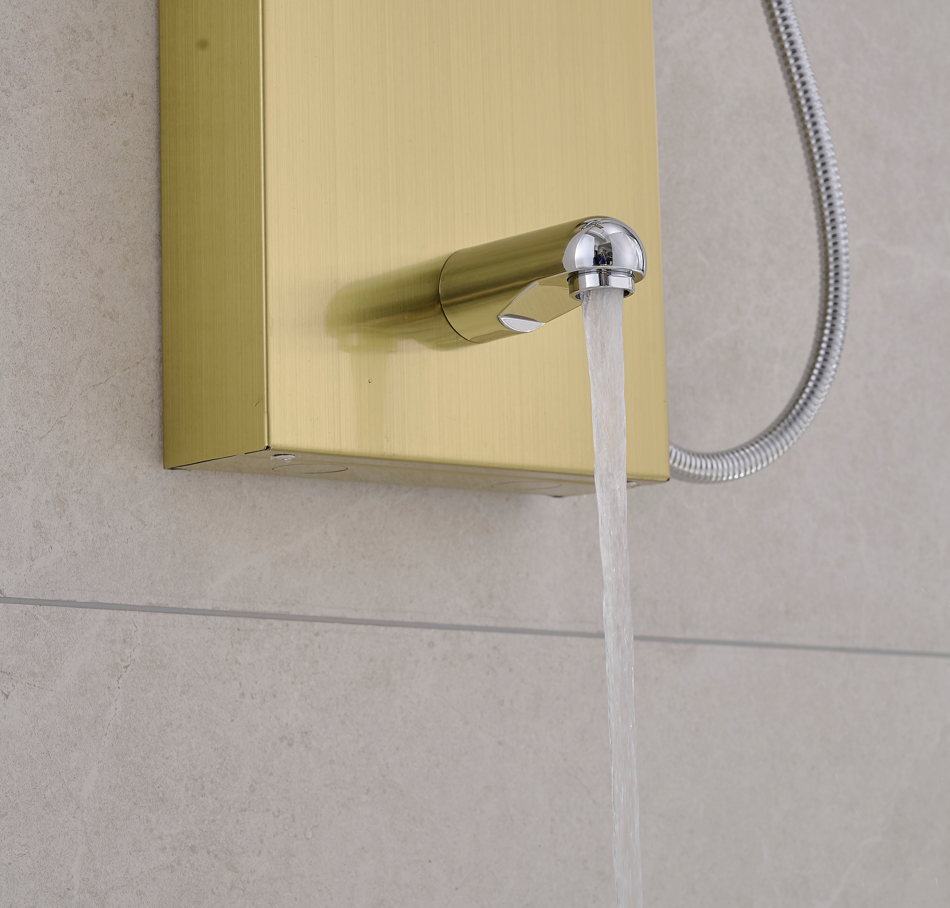 Thermostatic Rainfall Shower Panel System – 6 Functions with 8 Massage Jets, Handheld Shower & Digital Display | Brushed Gold Finish