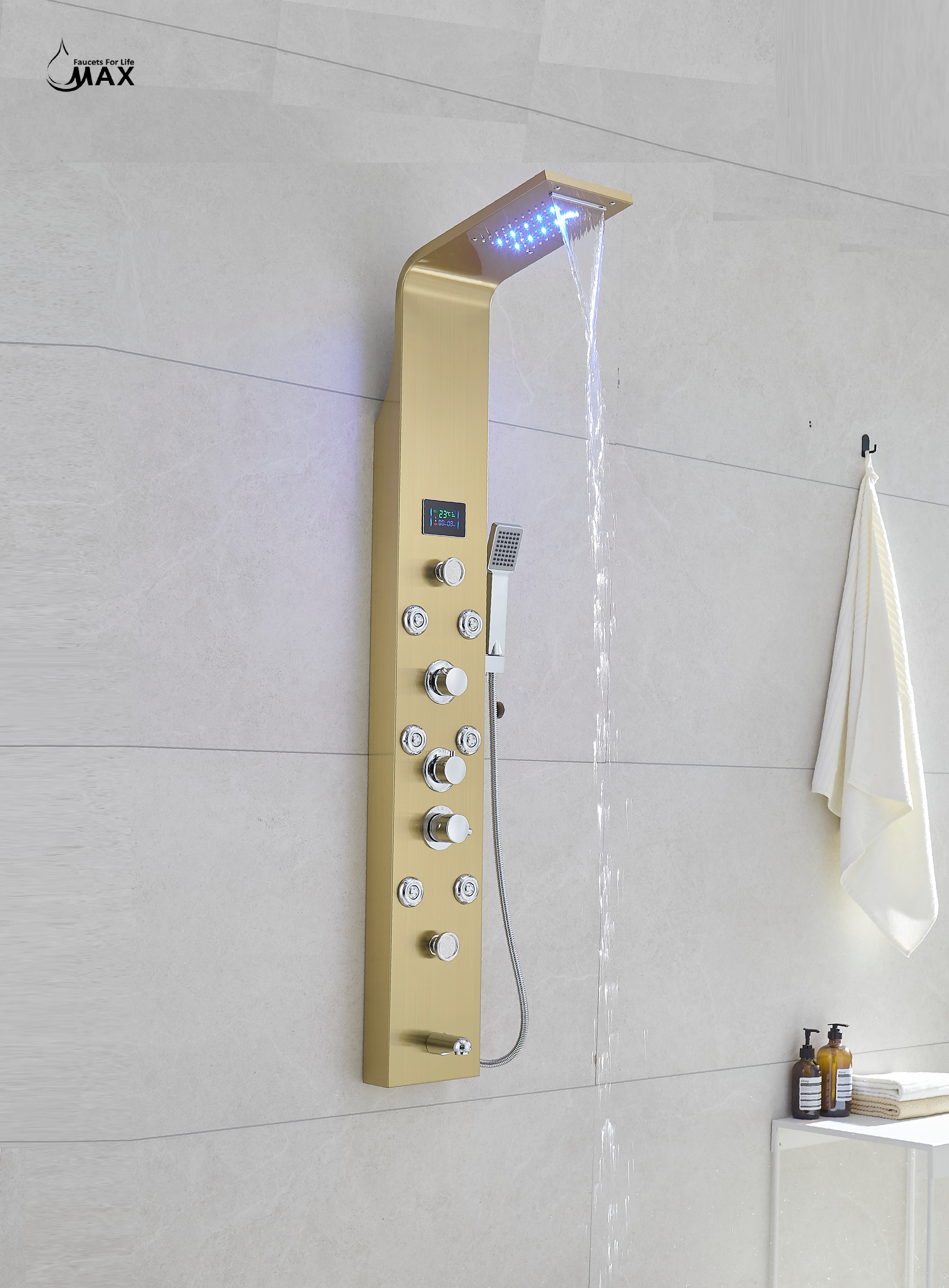 Thermostatic Rainfall Shower Panel System – 6 Functions with 8 Massage Jets, Handheld Shower & Digital Display | Brushed Gold Finish