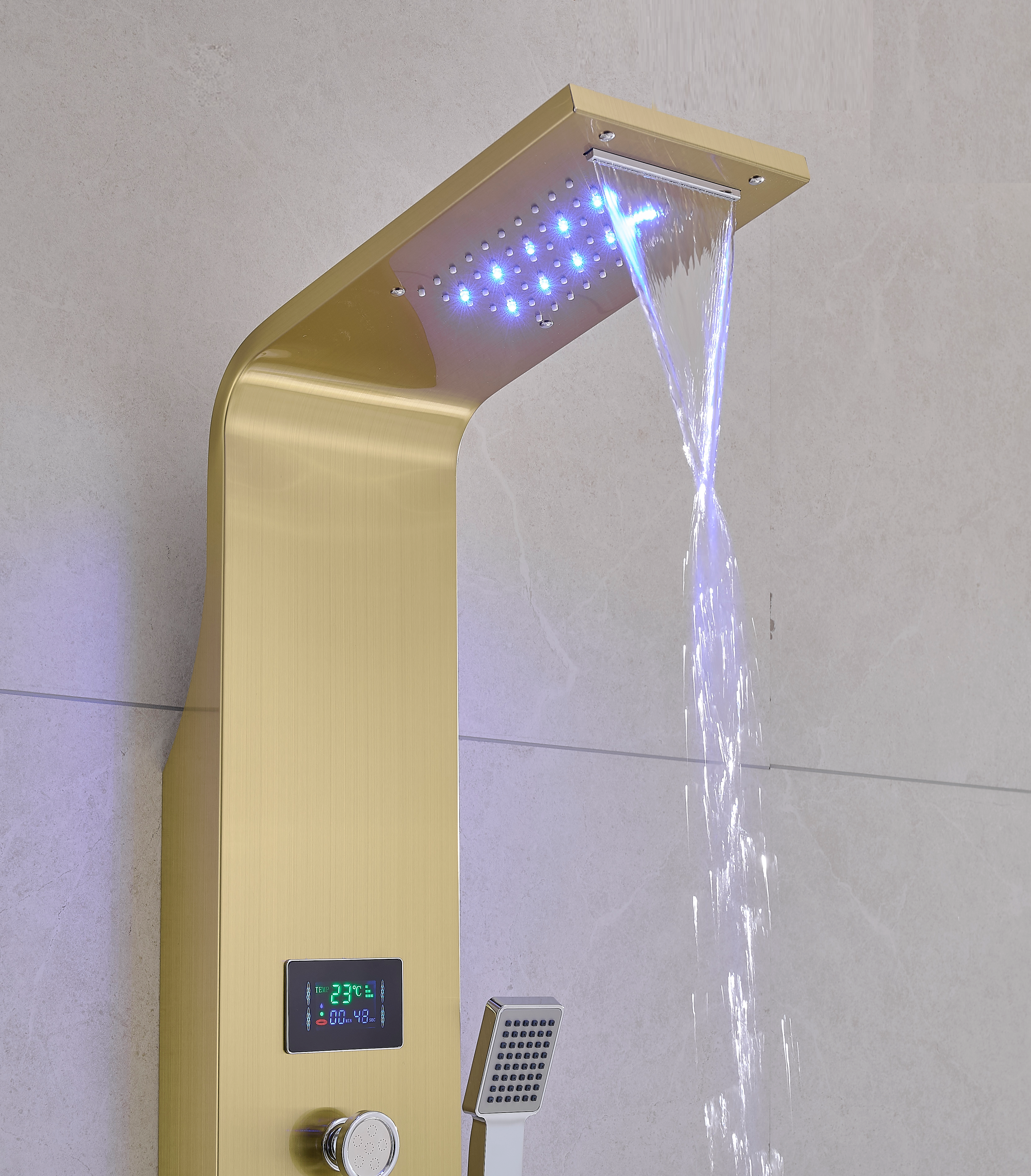 Thermostatic Rainfall Shower Panel System – 6 Functions with 8 Massage Jets, Handheld Shower & Digital Display | Brushed Gold Finish