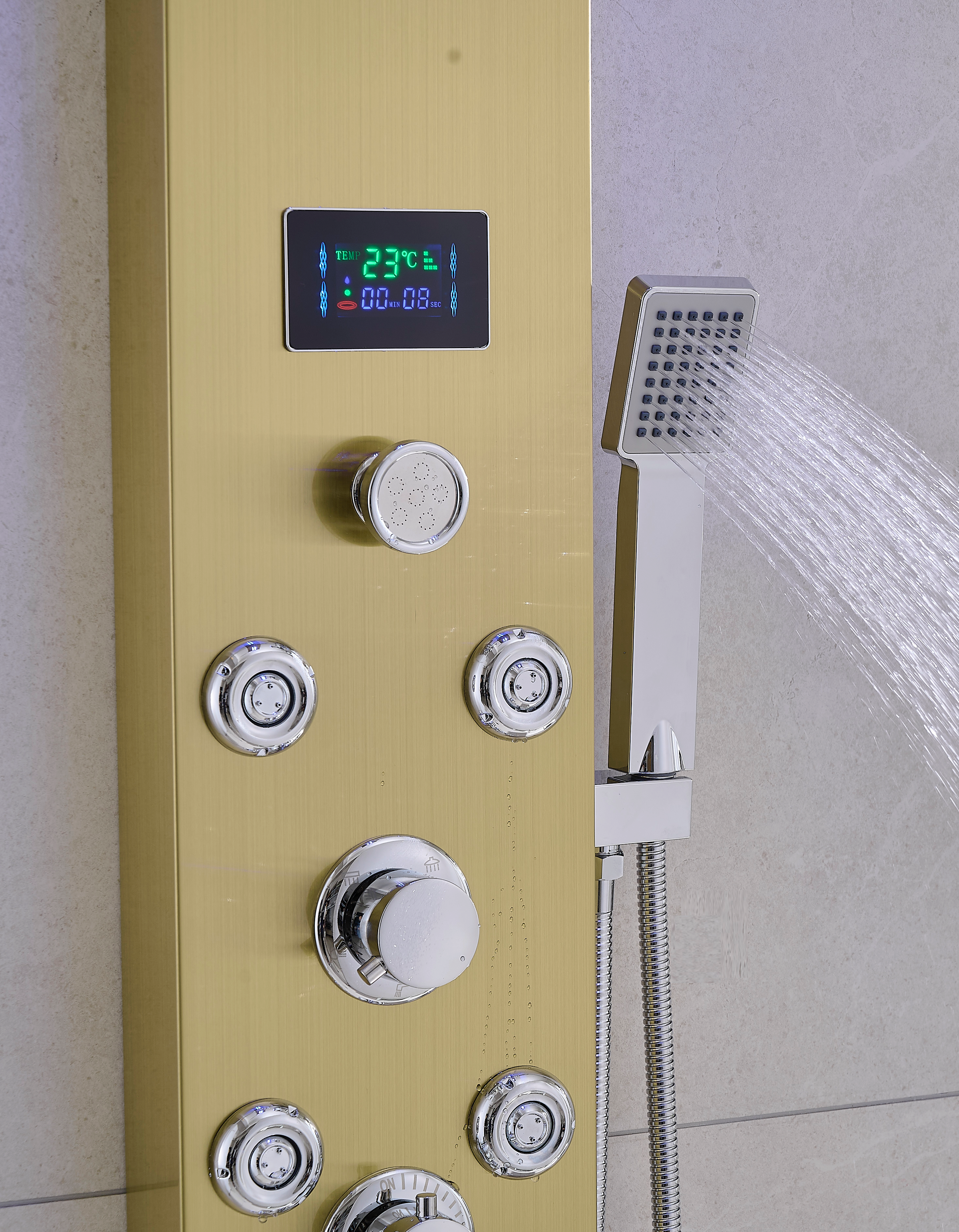Thermostatic Rainfall Shower Panel System – 6 Functions with 8 Massage Jets, Handheld Shower & Digital Display | Brushed Gold Finish