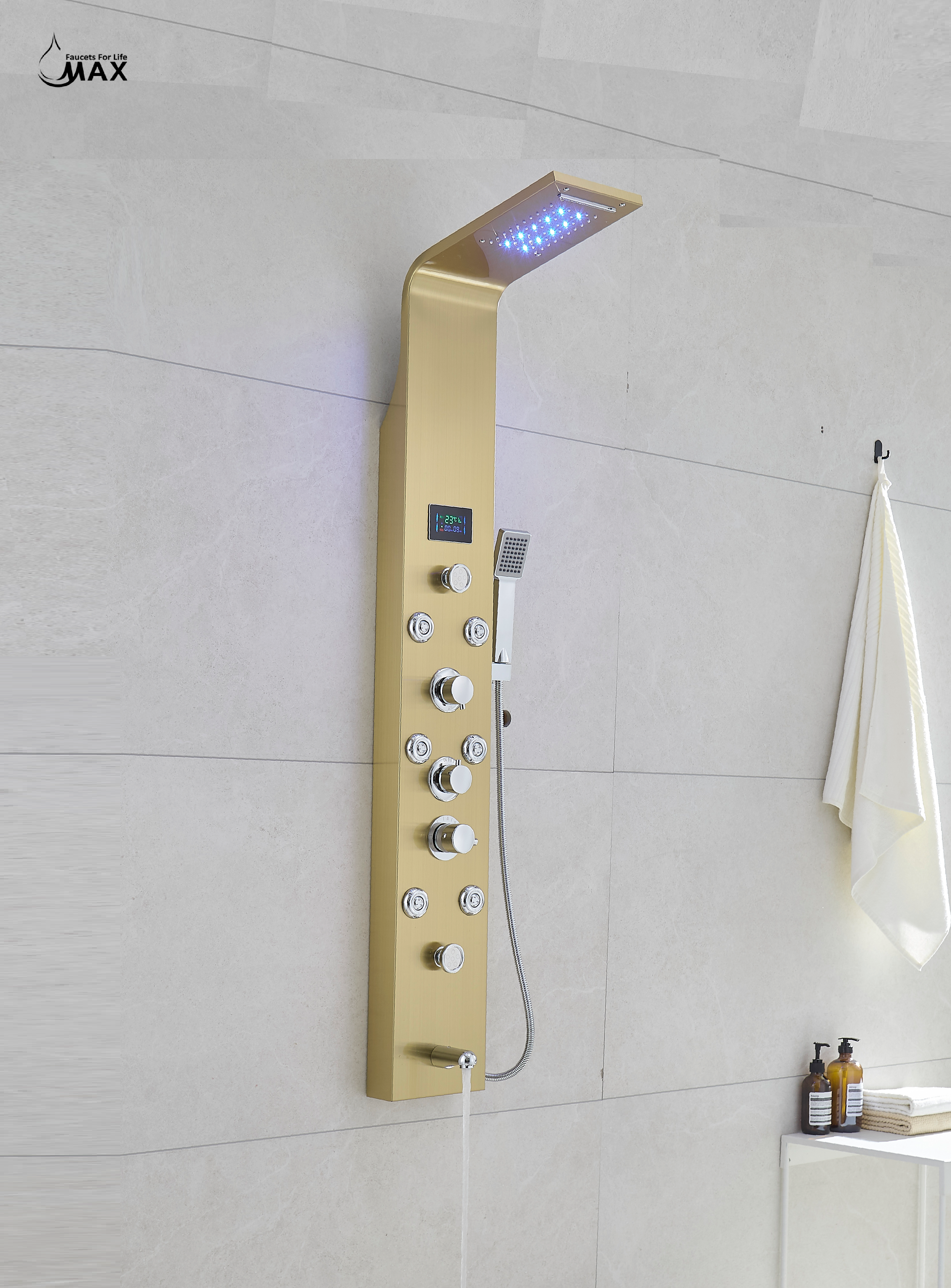 Thermostatic Rainfall Shower Panel System – 6 Functions with 8 Massage Jets, Handheld Shower & Digital Display | Brushed Gold Finish