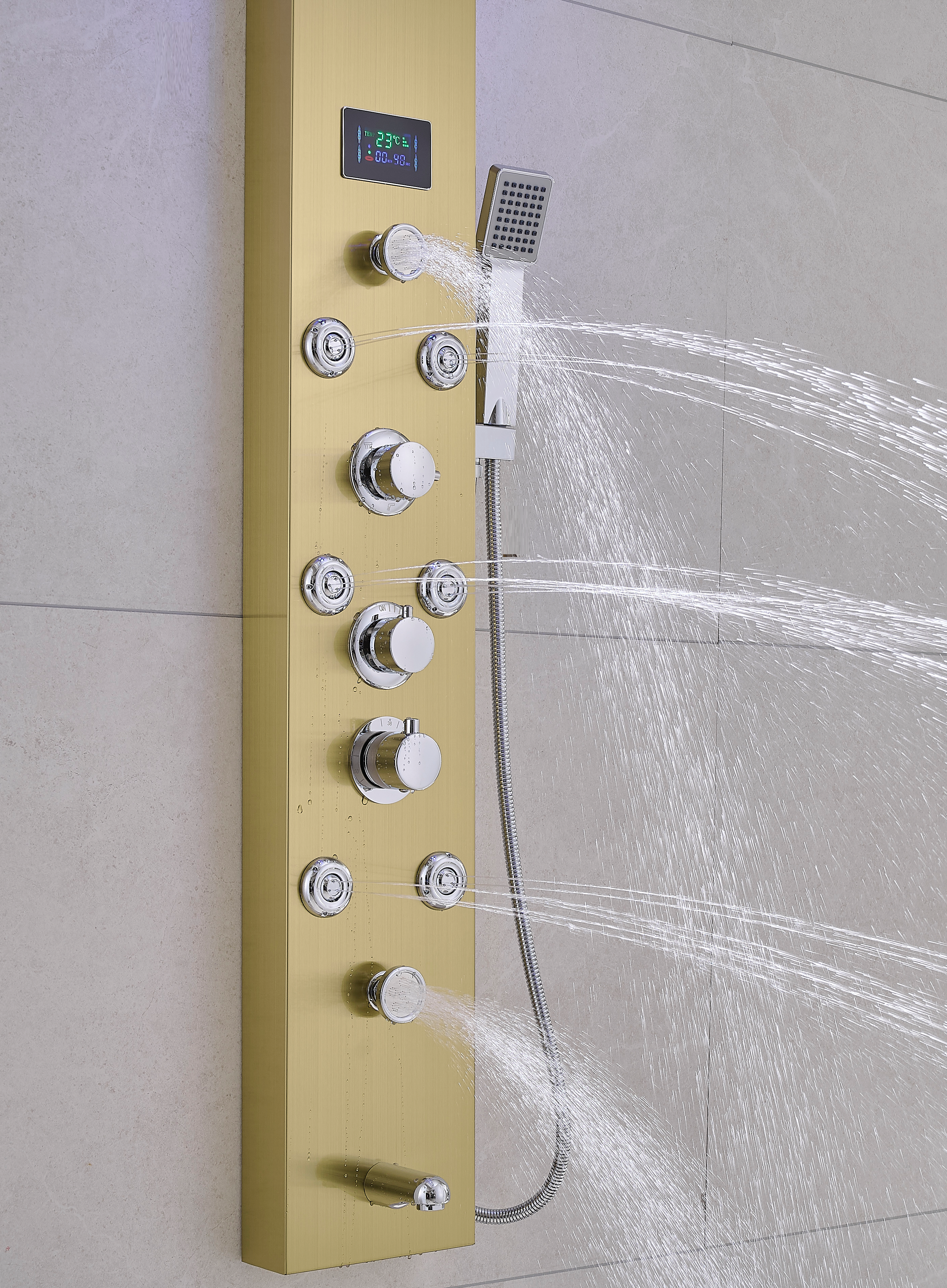Thermostatic Rainfall Shower Panel System – 6 Functions with 8 Massage Jets, Handheld Shower & Digital Display | Brushed Gold Finish