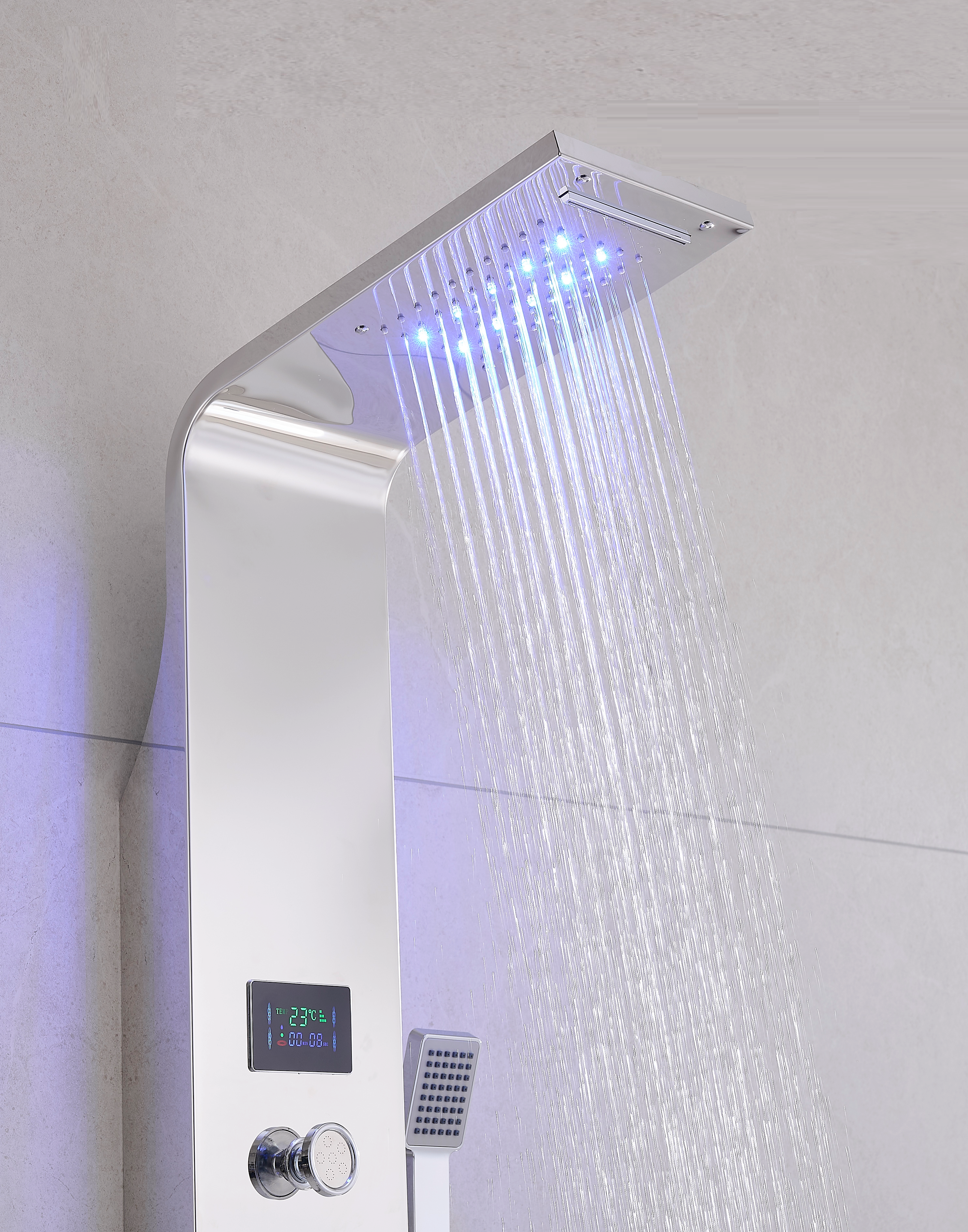 Thermostatic Rainfall Shower Panel System – 6 Functions with 8 Massage Jets, Handheld Shower & Digital Display | Chrome Finish