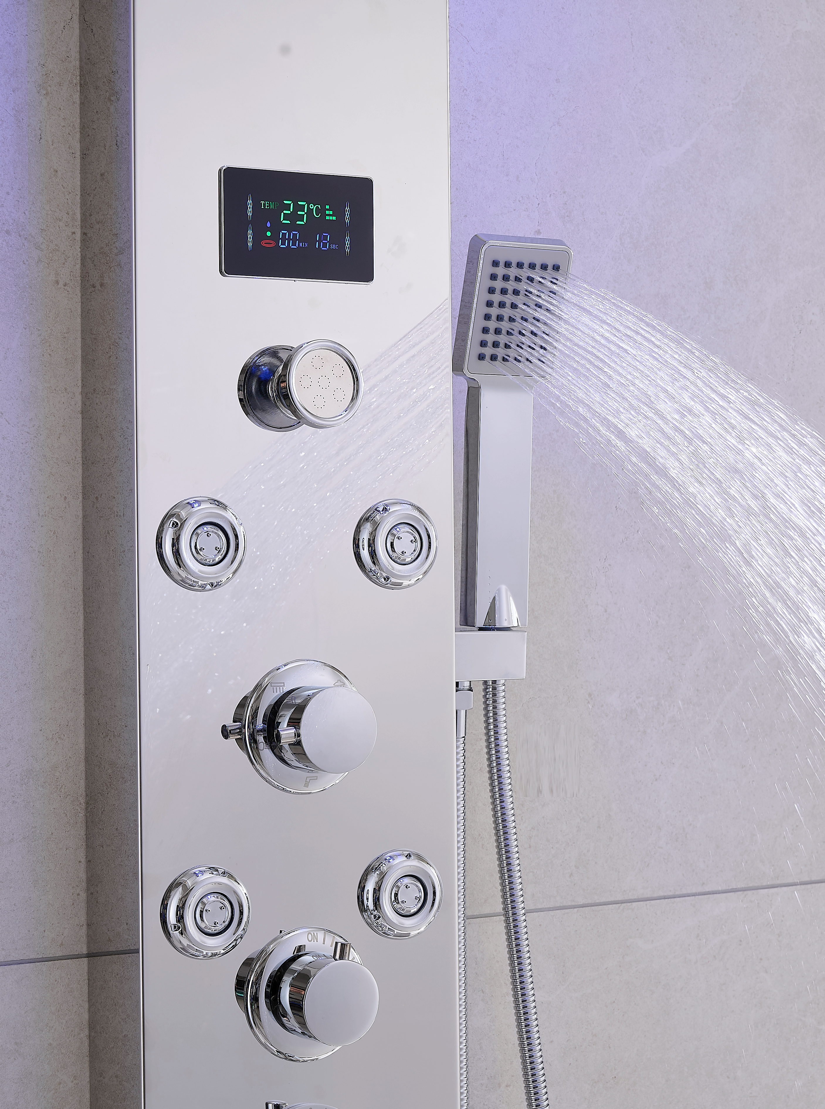 Thermostatic Rainfall Shower Panel System – 6 Functions with 8 Massage Jets, Handheld Shower & Digital Display | Chrome Finish