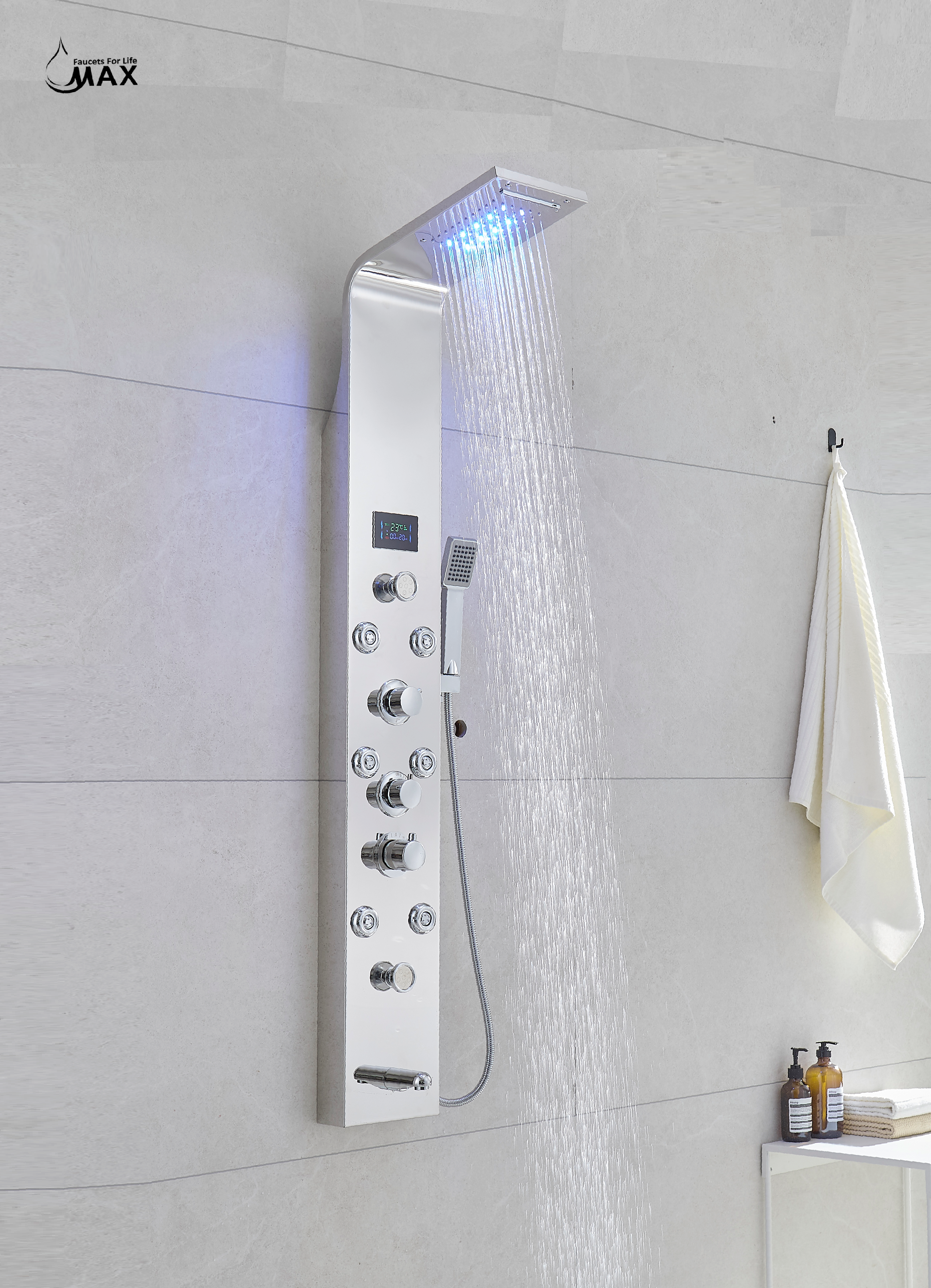 Thermostatic Rainfall Shower Panel System – 6 Functions with 8 Massage Jets, Handheld Shower & Digital Display | Chrome Finish