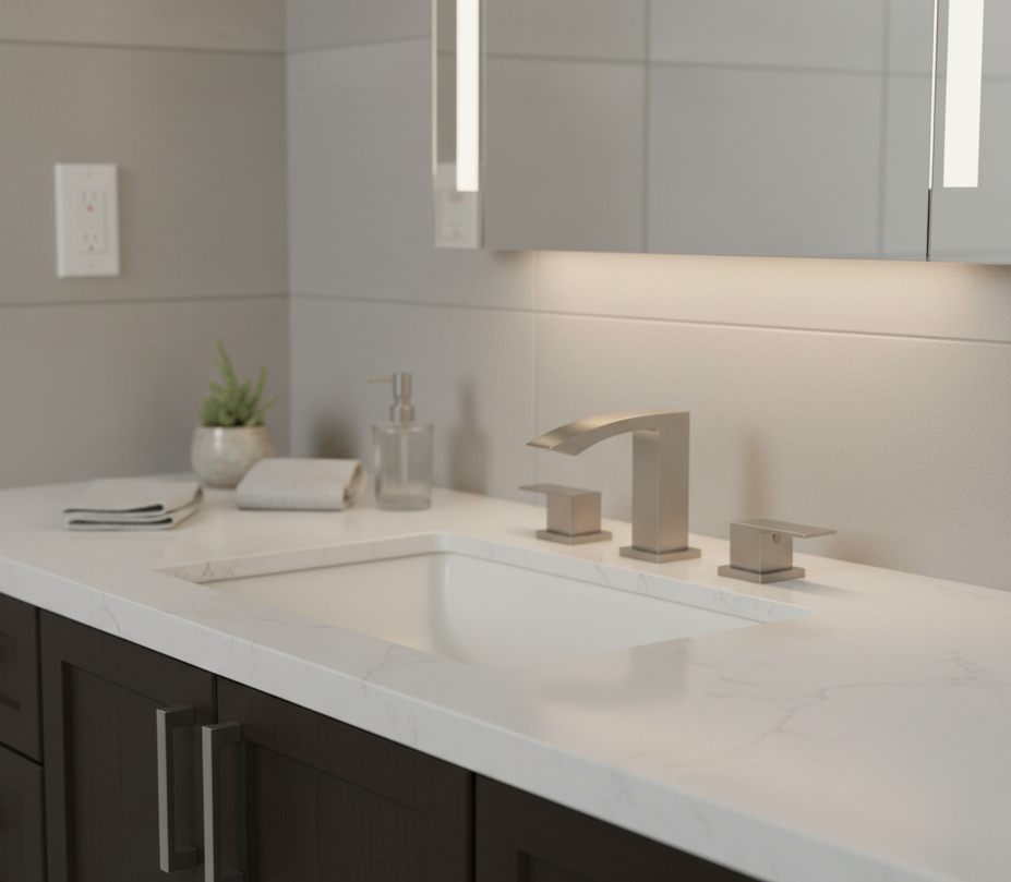 Brushed nickel two-handle widespread bathroom faucet with a high-arc waterfall spout.