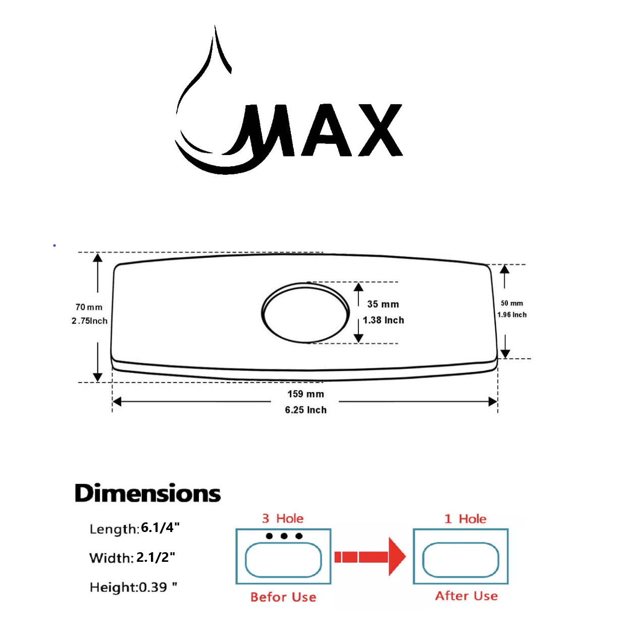 MAX Faucets | 6.5" Bathroom Sink Faucet Deck Plate – Converts 3-Hole to 1-Hole Installation Matte Black Finish